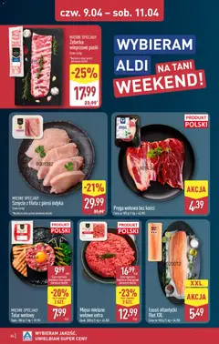 Pogląd oferty "Aldi gazetka" - ważna od 07.04.2026 | Strona: 34 | Produkty: Łosoś atlantycki, Tatar wołowy, Mięso, Łosoś