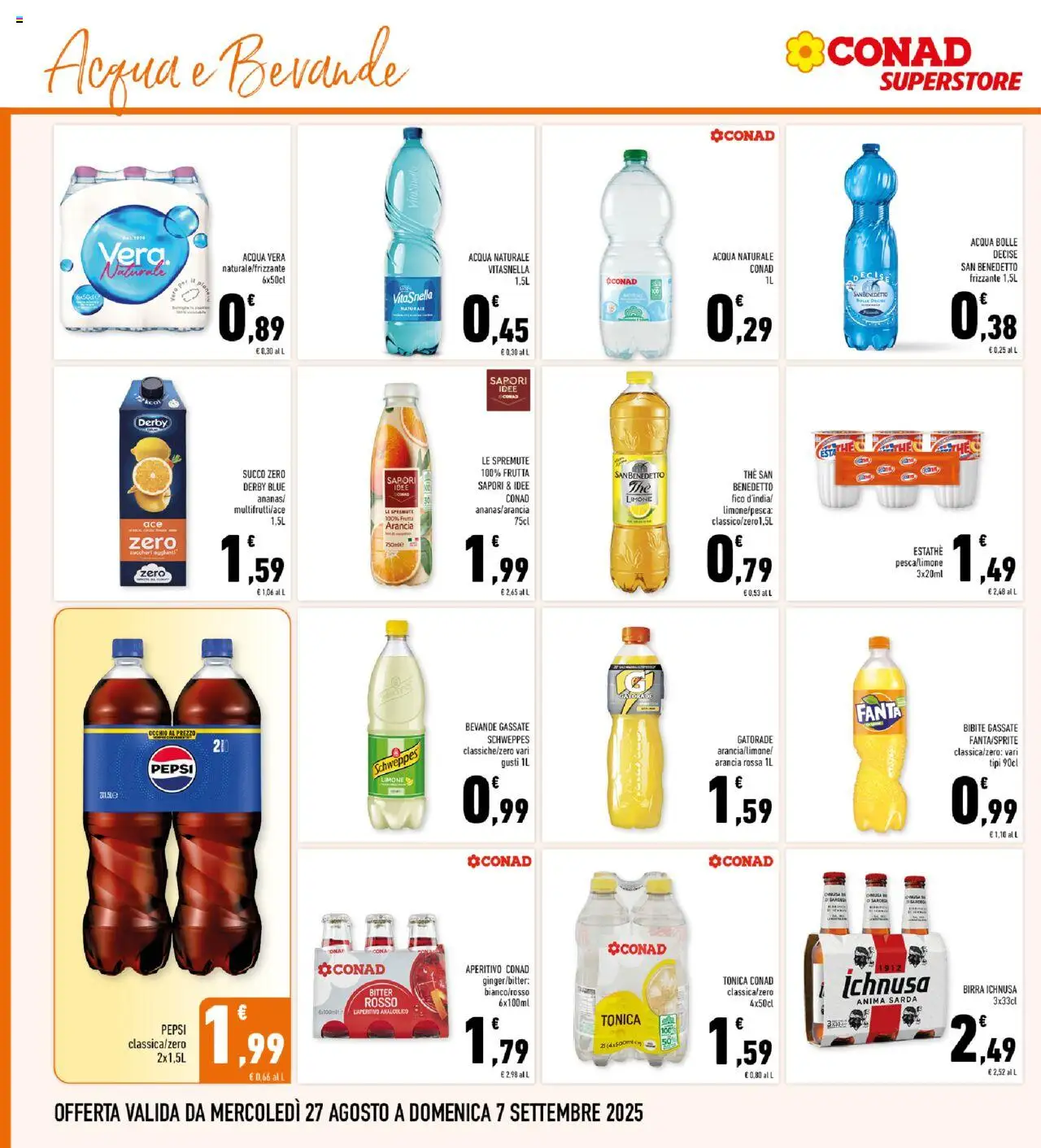 Volantino Conad del 27.08.2025 | Pagina: 14 | Prodotti: Succo, Birra, Acqua, Frutta