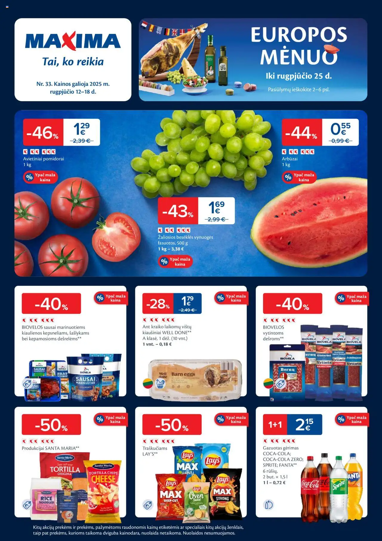 MAXIMA leidinys│galioja nuo 12.08.2025 | Puslapis: 1 | Prekių: Kiaulienos, Vynuogės, Kiaušiniai, Pomidorai