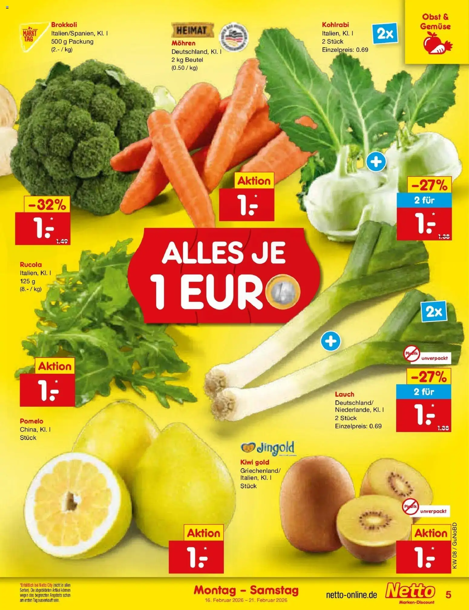 Netto Marken-Discount prospekt Augustusburg	 – gültig ab 16.02.2026 | Seite: 5 | Produkte: Rucola, Kohlrabi, Mohren, Obst