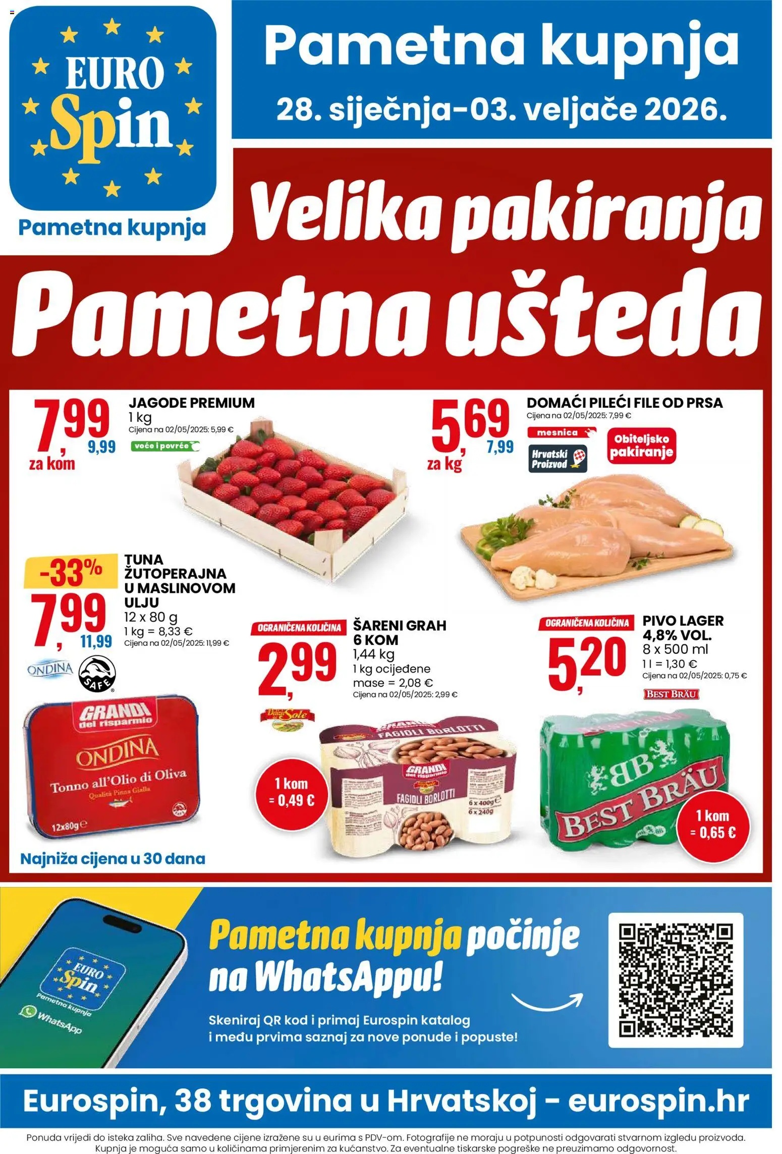 Eurospin katalog | vrijedi od 28.01.2026 | Stranica: 1 | Proizvodi: Pileći file, Pivo, Jagode, Voće