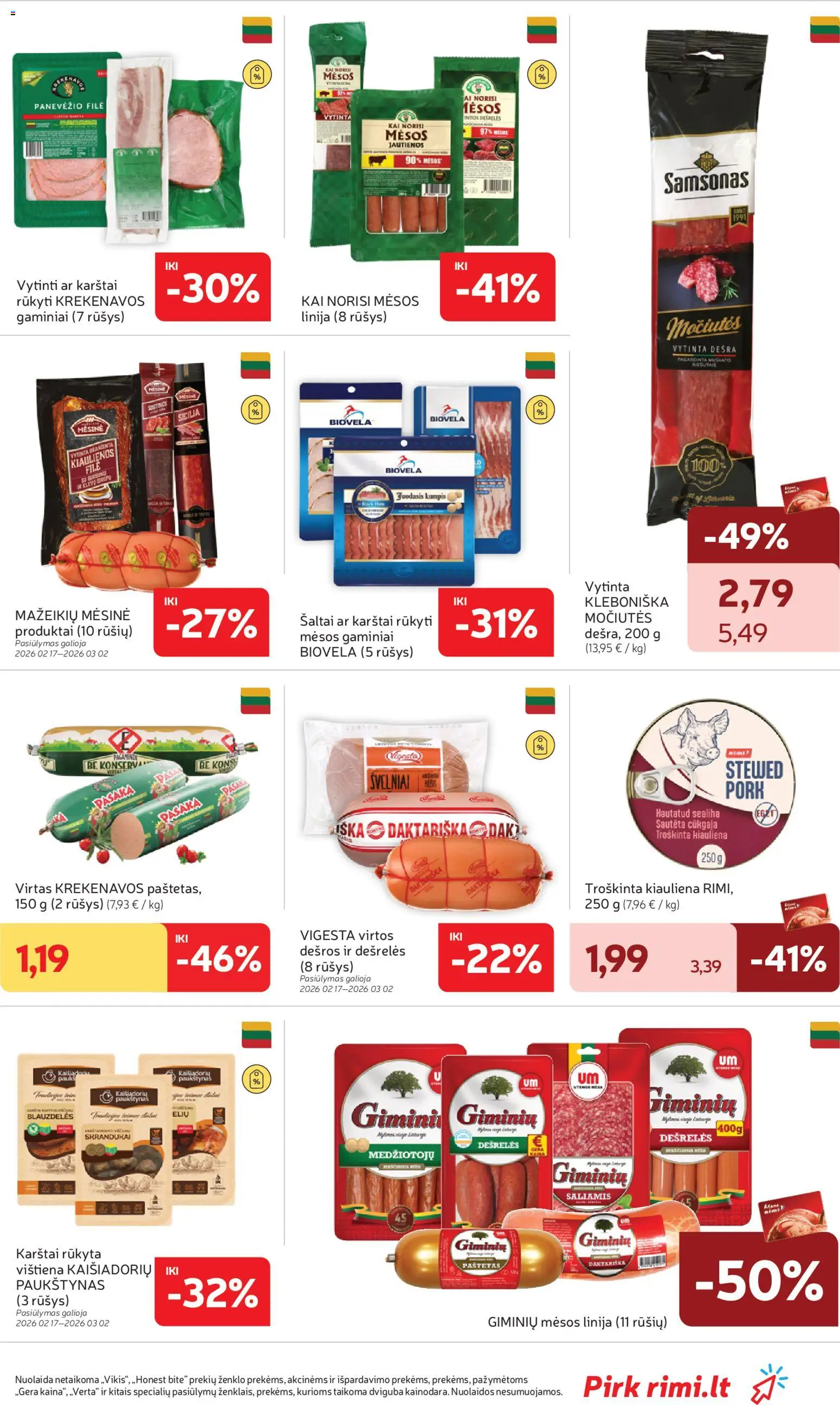 Rimi akcijos nuo 24.02.2026 | Puslapis: 15 | Prekių: Kiaulienos, Saliamis, Dešra, Vištiena