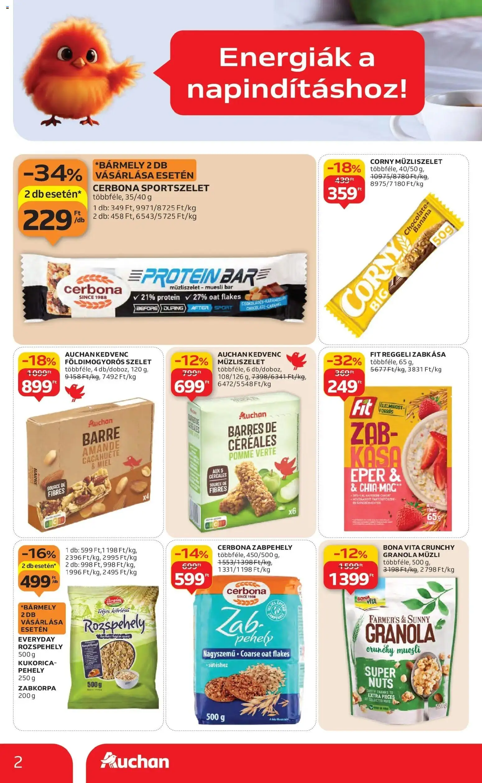 Auchan akciós ujság - amely érvényes a következő dátumtól: 29.01.2026 | Oldal: 2 | Termékek: Protein, Granola, Müzliszelet, Pehely