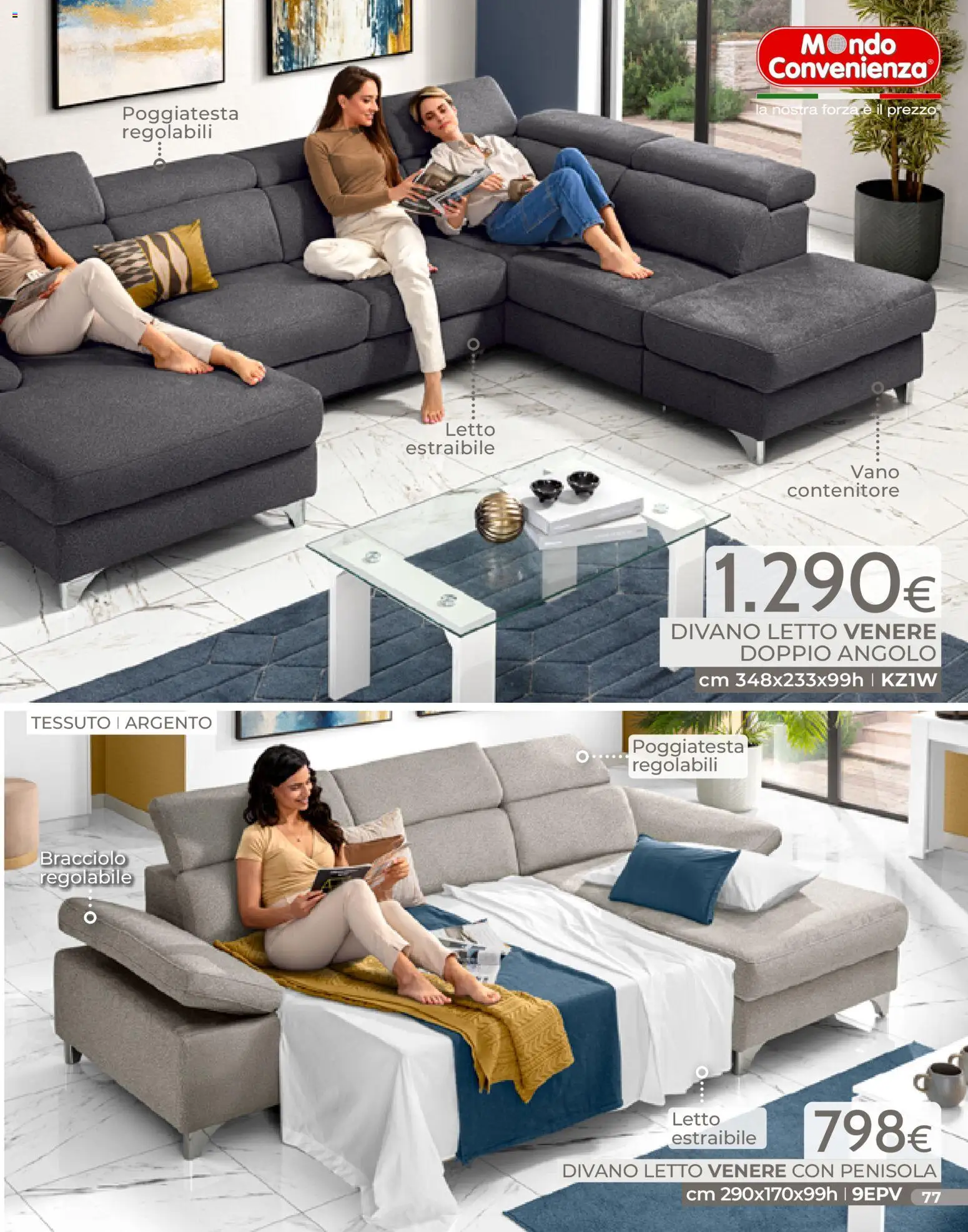 Volantino Mondo Convenienza del 04.01.2026 | Pagina: 77 | Prodotti: Divano letto, Contenitore, Letto, Divano