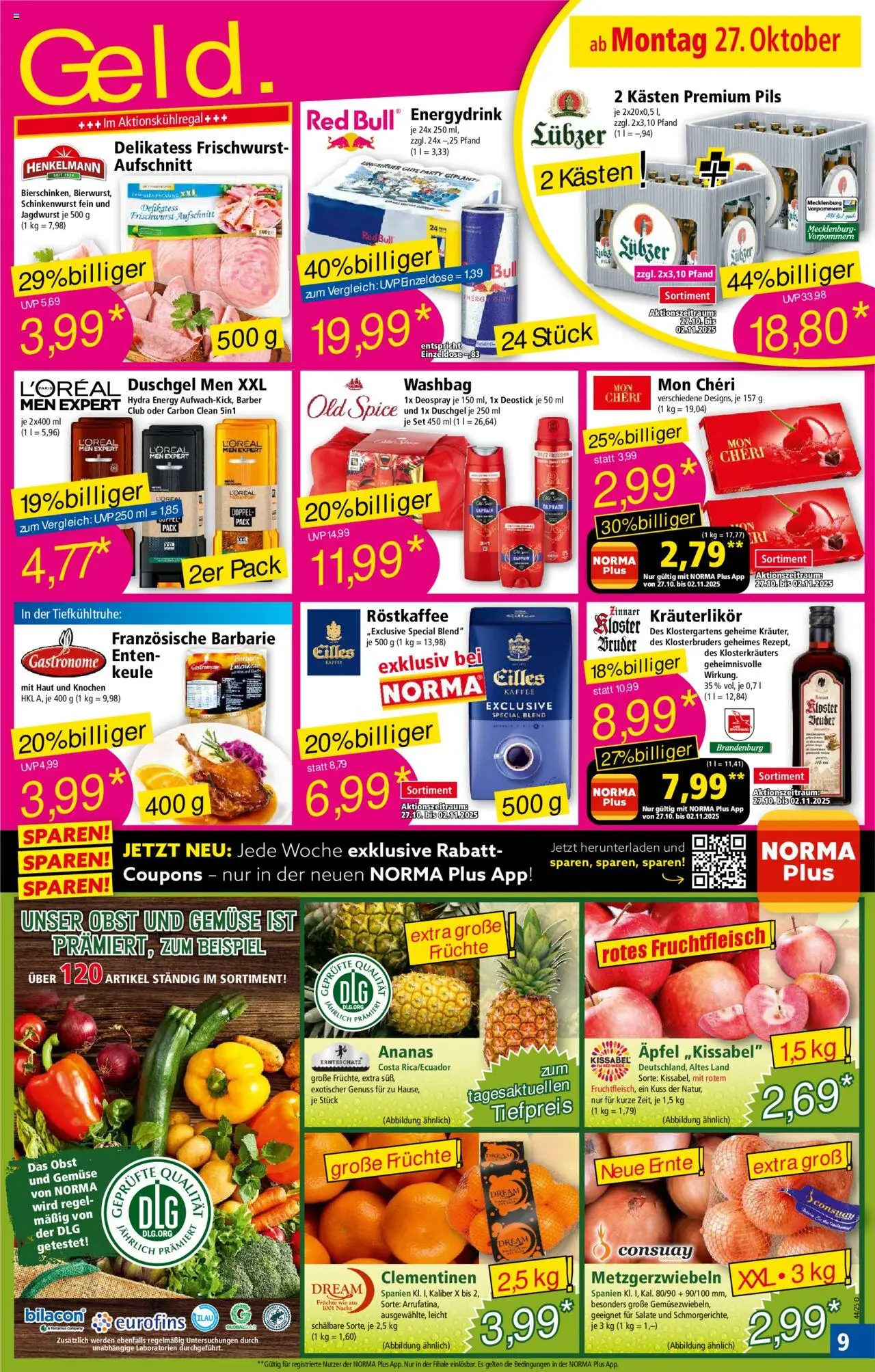 Norma Prospekt 	 – gültig ab 27.10.2025 | Seite: 9 | Produkte: Pils, Duschgel, Obst, Mon cheri
