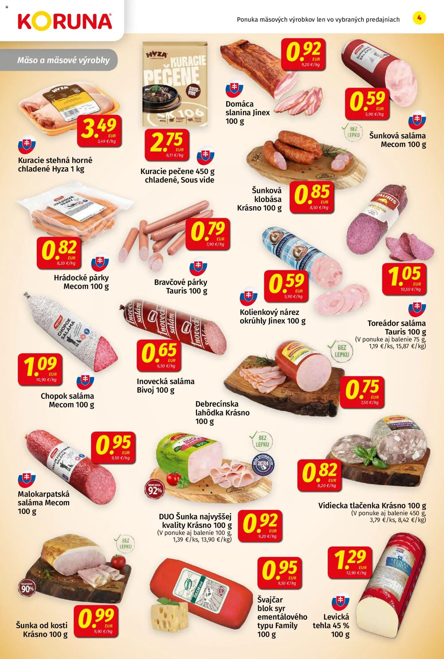Nové Koruna akcie – leták je platný od 07.11.2025 | Strana: 4 | Produkty: Syr, Saláma, Šunka, Klobása