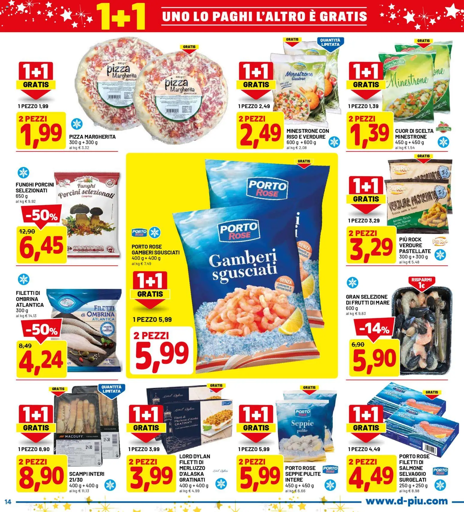 Volantino D Più del 01.12.2025 | Pagina: 14 | Prodotti: Minestrone, Gamberi, Frutti di mare, Funghi