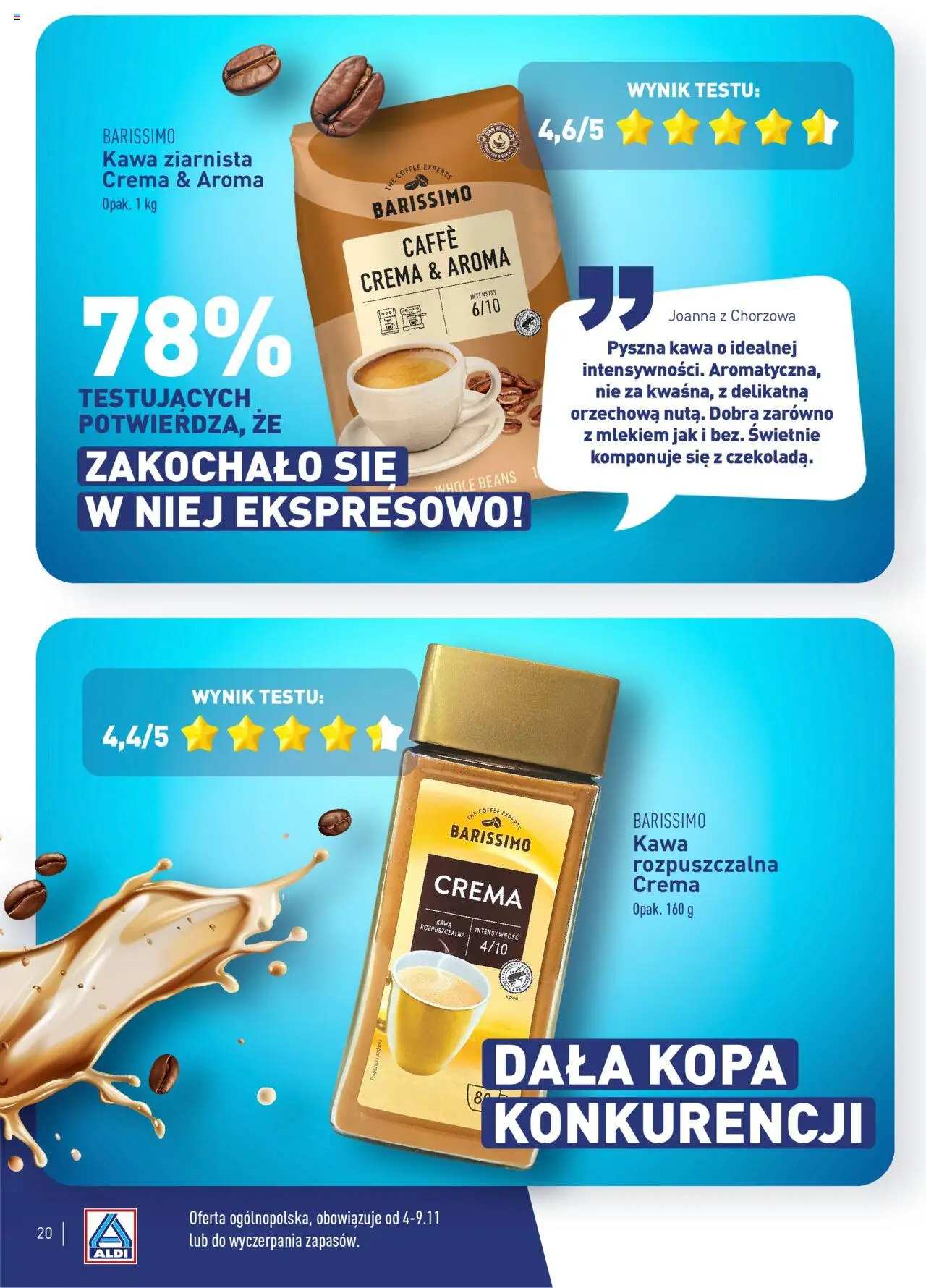 Aldi Gazetka - Wielki test od 04.11.2024 | Strona: 20 | Produkty: Kawa ziarnista, Kawa rozpuszczalna, Kawa
