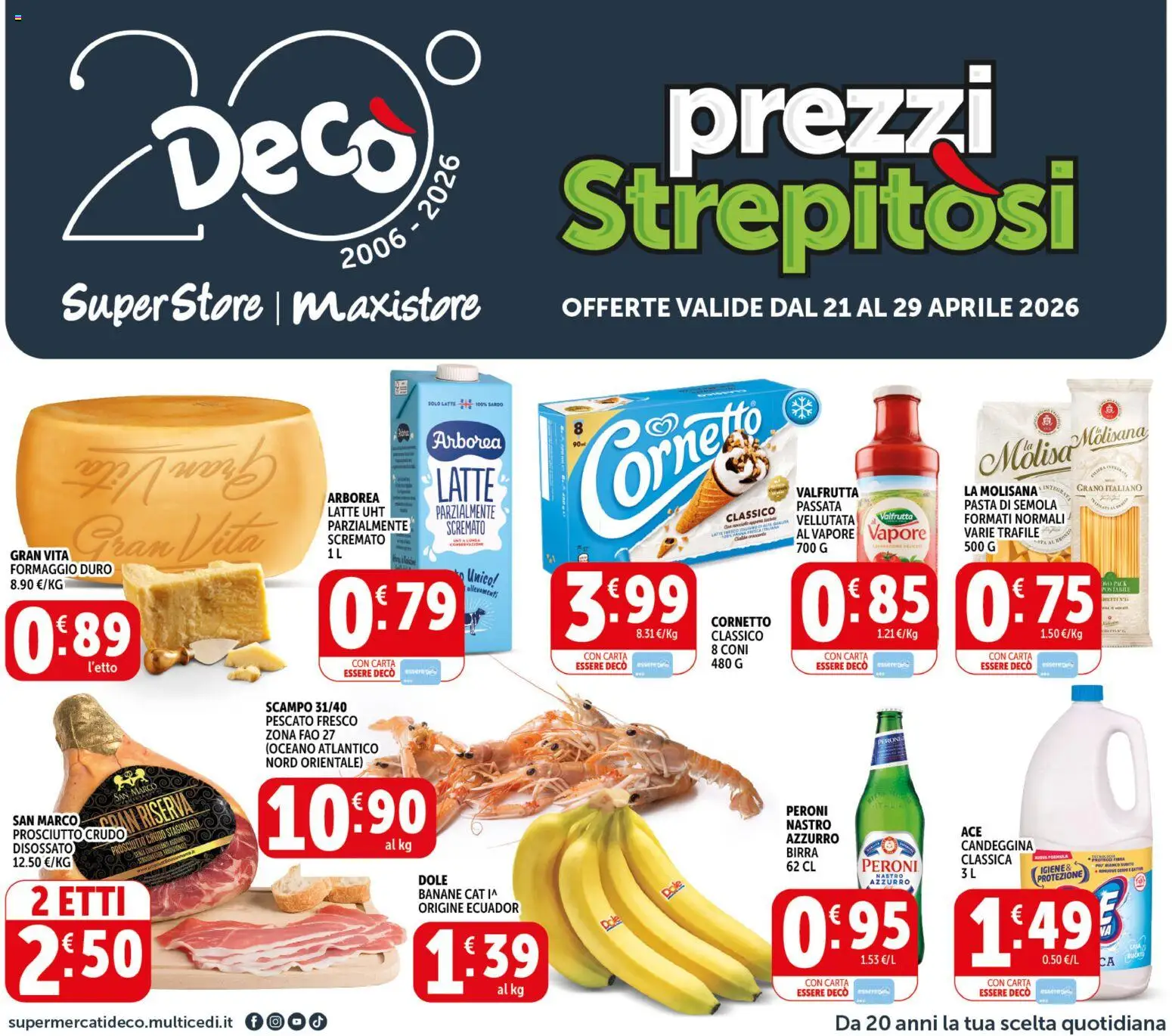 Volantino Decò del 21.04.2026 | Pagina: 1 | Prodotti: Banane, Cornetto, Candeggina, Pasta