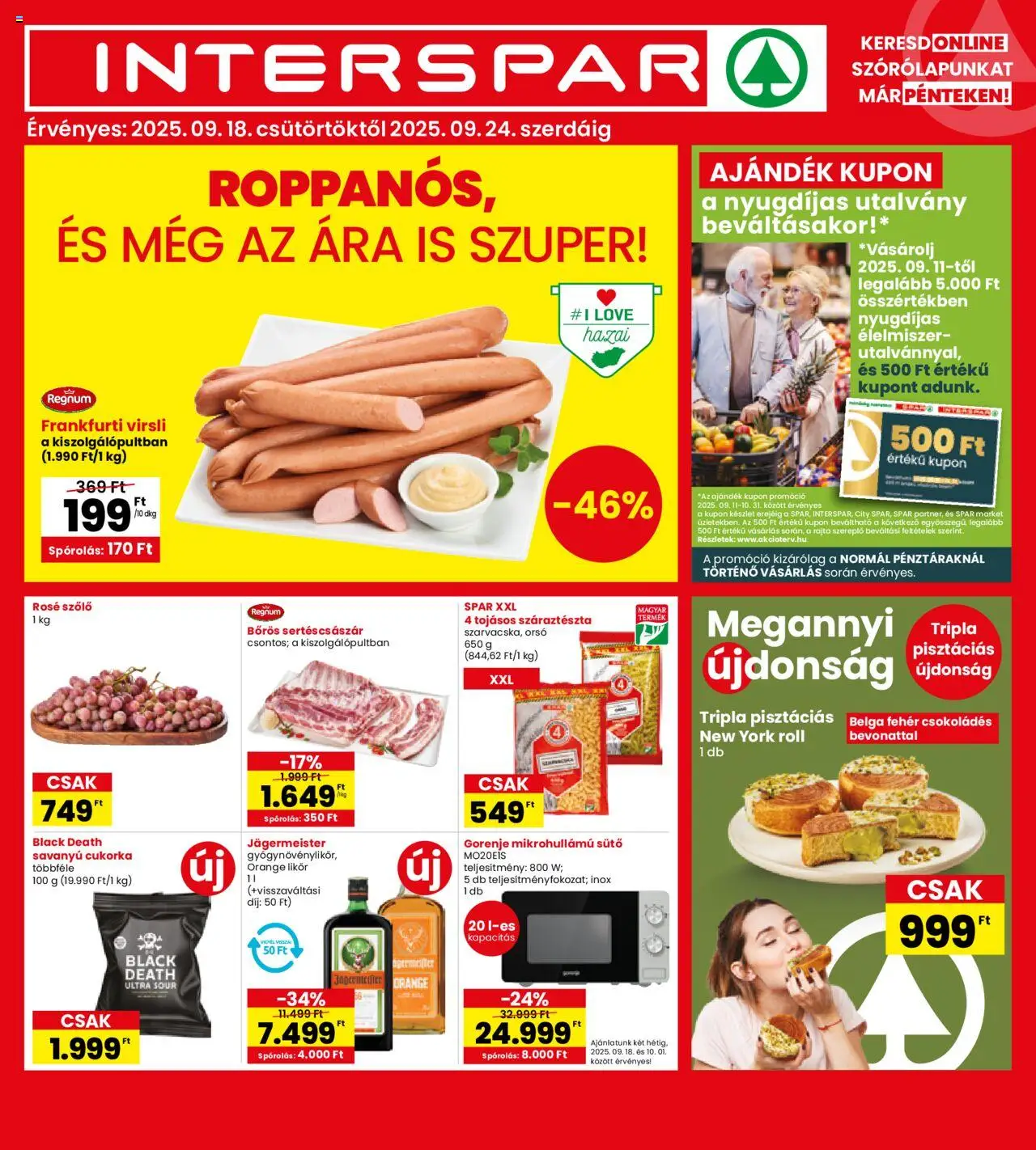 Interspar akciós ujság - amely érvényes a következő dátumtól: 18.09.2025 | Oldal: 1 | Termékek: Sütő, Frankfurti virsli, Száraztészta, Likőr