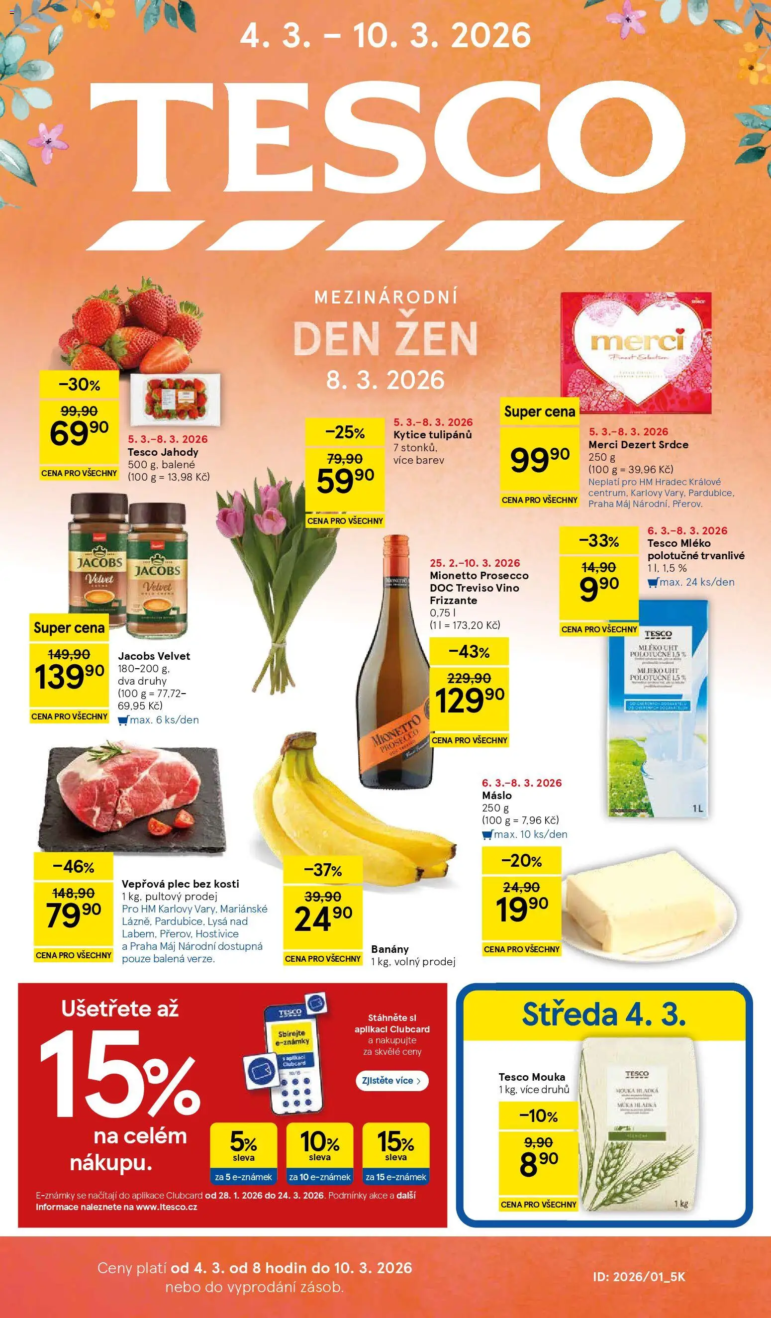 Tesco leták - Hypermarket od 04.03.2026 | Strana: 1 | Produkty: Banány, Merci, Jacobs, Prosecco DOC