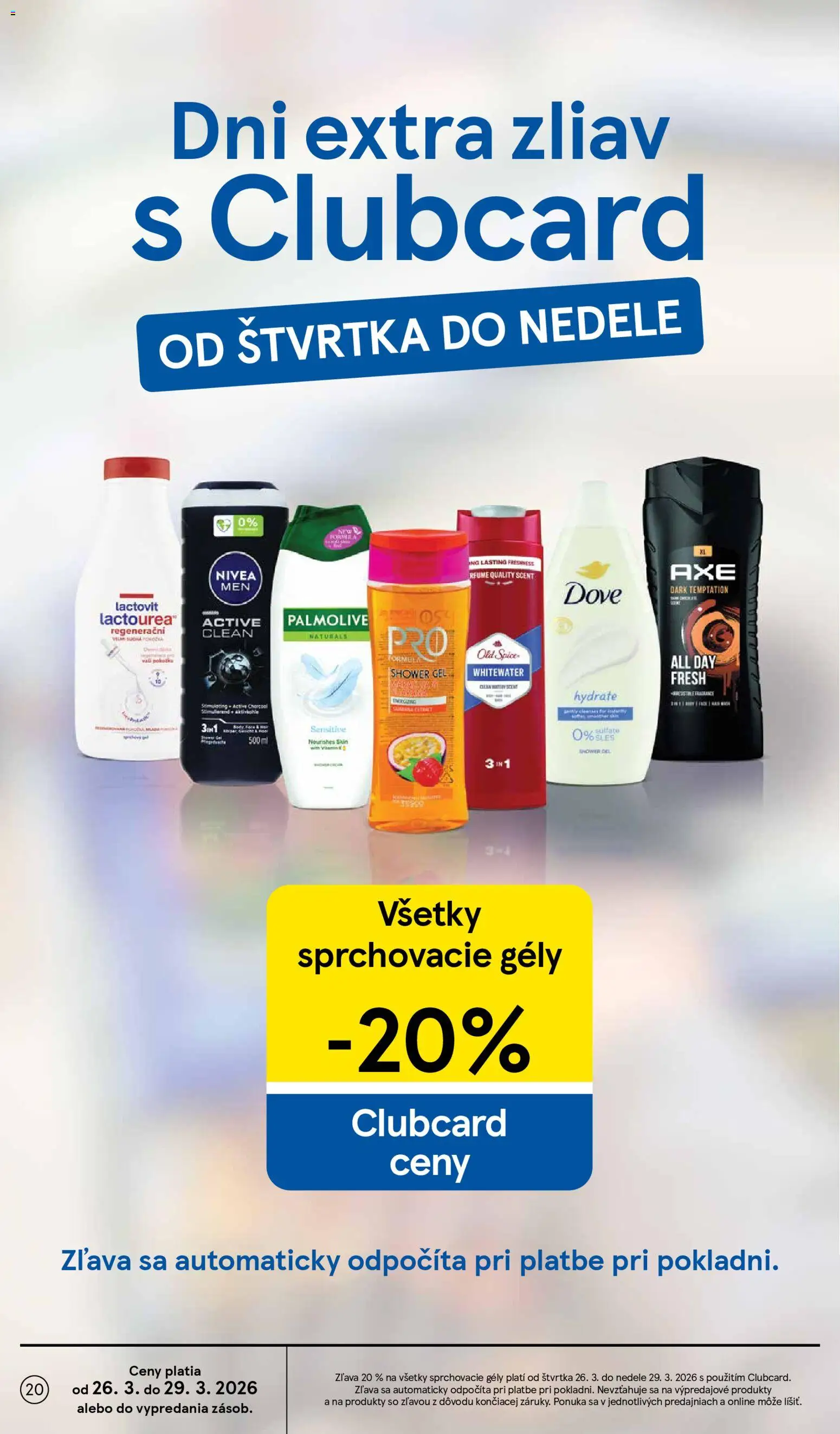 Nové Tesco akcie – leták je platný od 25.03.2026 | Strana: 20 | Produkty: Nivea, Old Spice, Sprchový gél, Lactovit