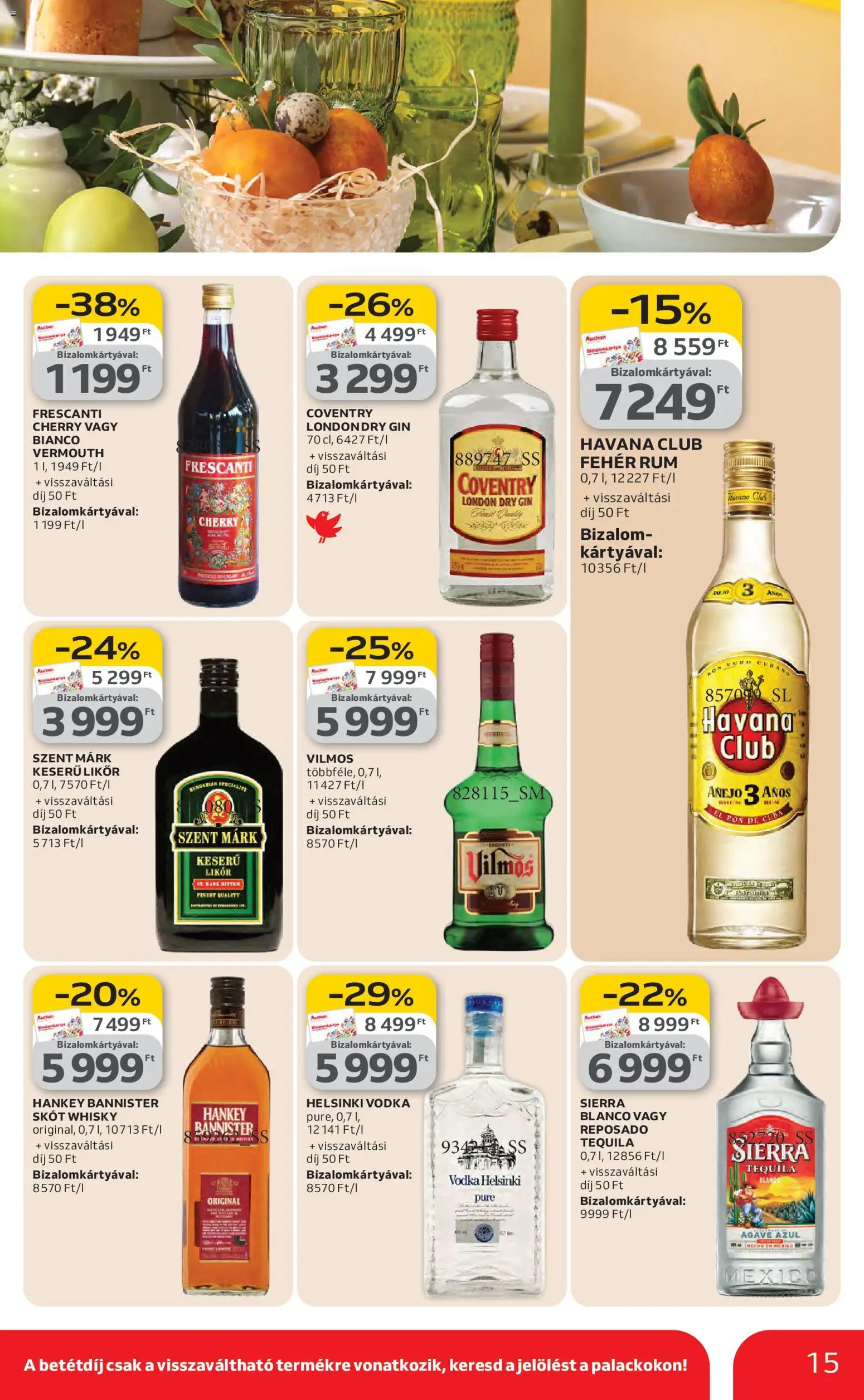 Auchan akciós ujság - amely érvényes a következő dátumtól: 26.02.2026 | Oldal: 15 | Termékek: Fehér rum, Gin, Likőr, Whisky