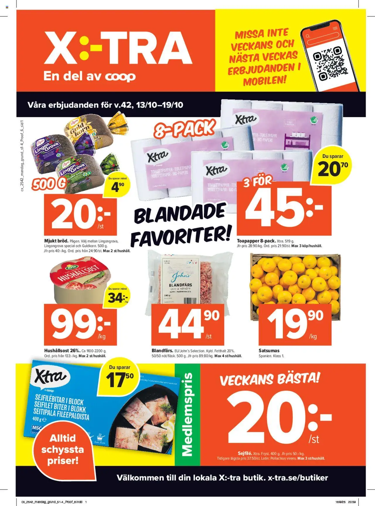 Coop X:-TRA reklamblad aktuell från 13.10.2025 | Sida: 1 | Produkter: Toalettpapper, Lingongrova, Hushållsost, Blandfärs