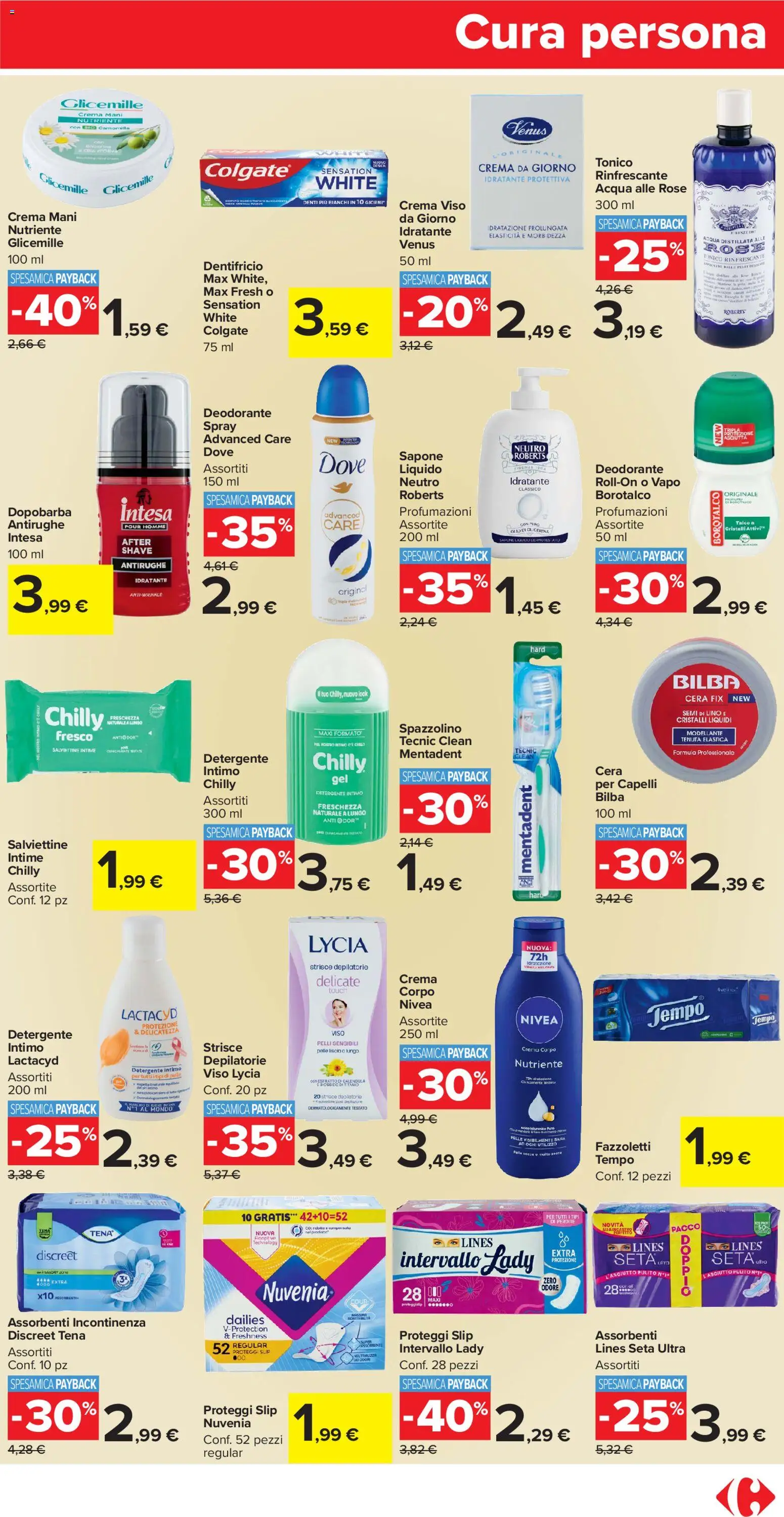 Volantino Carrefour del 02.01.2026 | Pagina: 15 | Prodotti: Proteggi slip, Detergente intimo, Crema viso, Slip