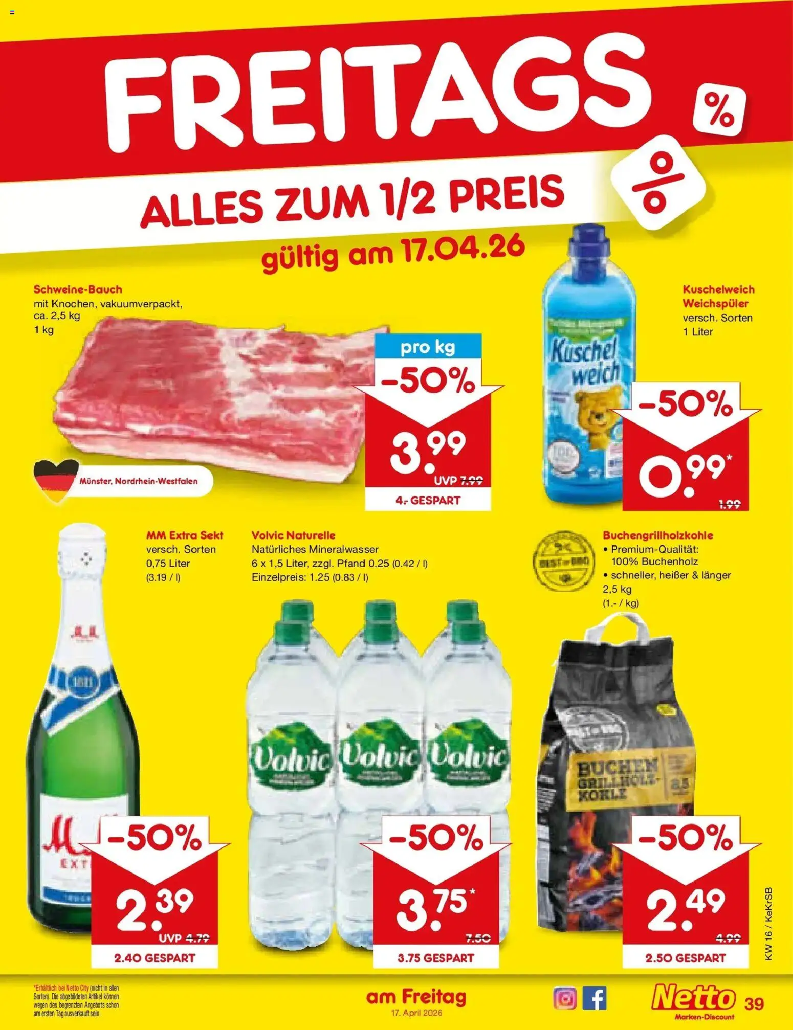 Netto Marken-Discount Prospekt Stadtlohn	 – gültig ab 13.04.2026 | Seite: 28 | Produkte: Schweinebauch, Kuschelweich, Mineralwasser, Volvic