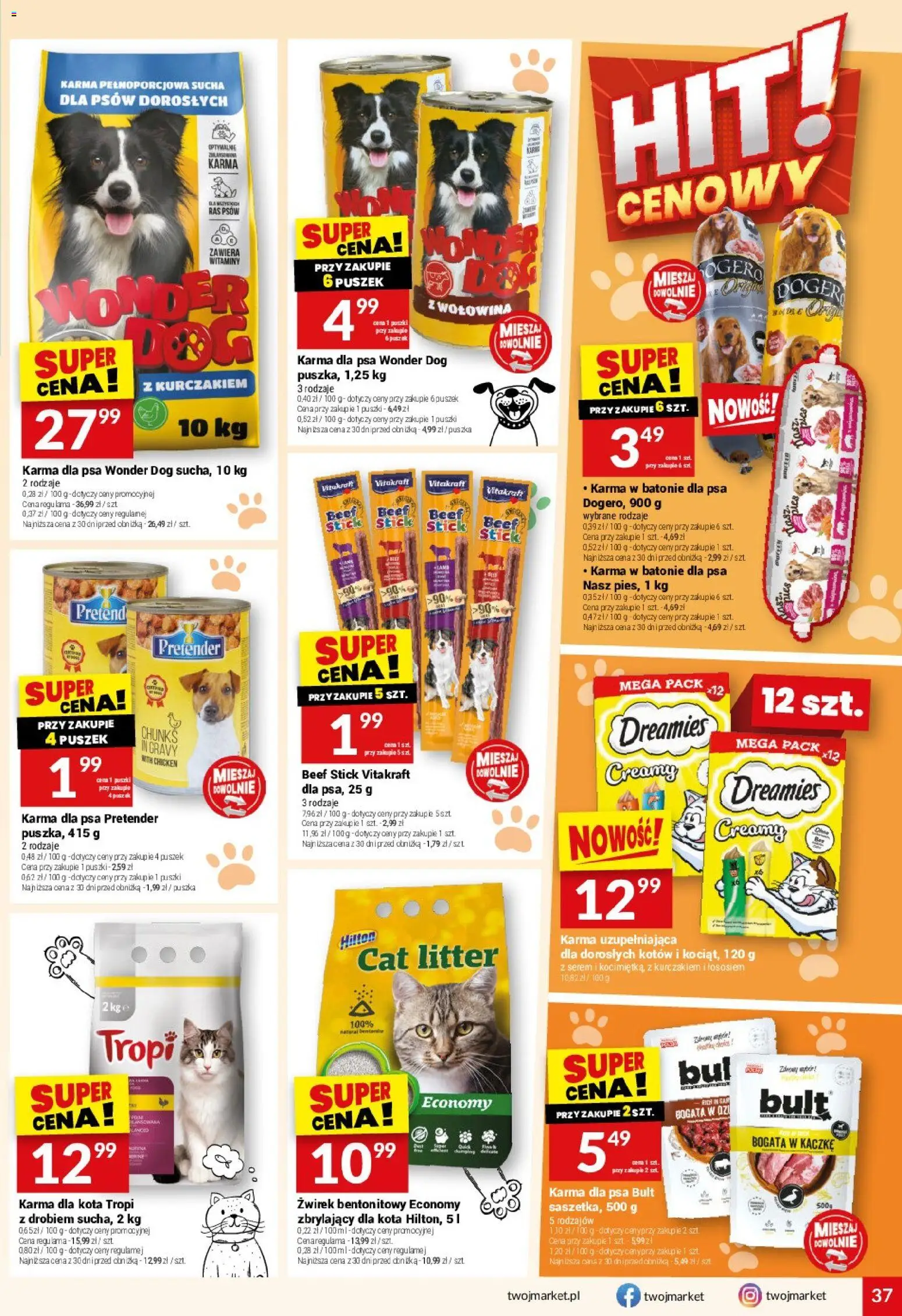 Twój Market gazetka od 18.03.2026 | Strona: 37 | Produkty: Karma dla kota, Karma dla psa, Żwirek bentonitowy, Wołowina