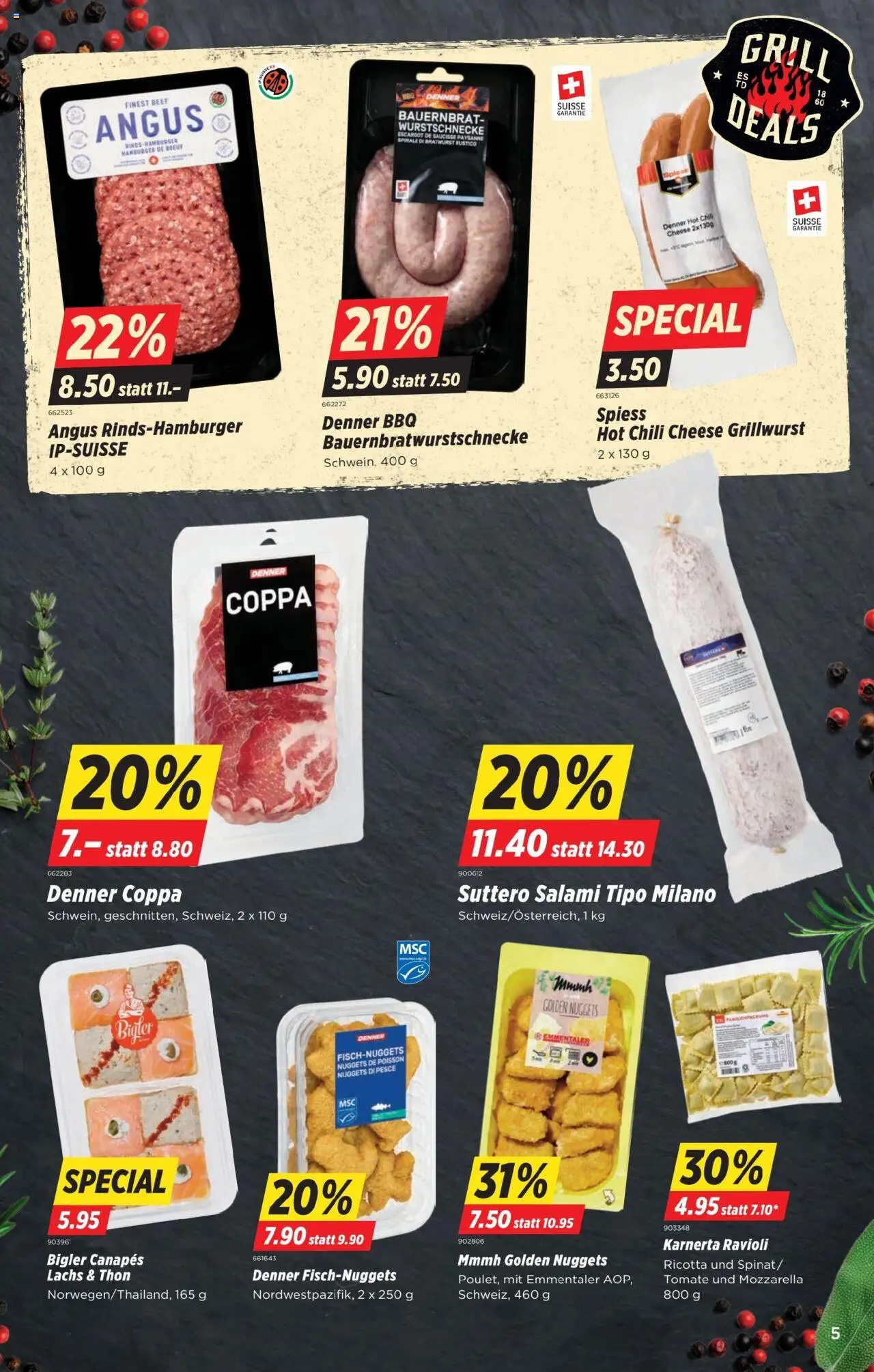 Denner Aktionen ab 12.08.2025 | Seite: 5 | Produkte: Lachs, Salami, Chili, Grill