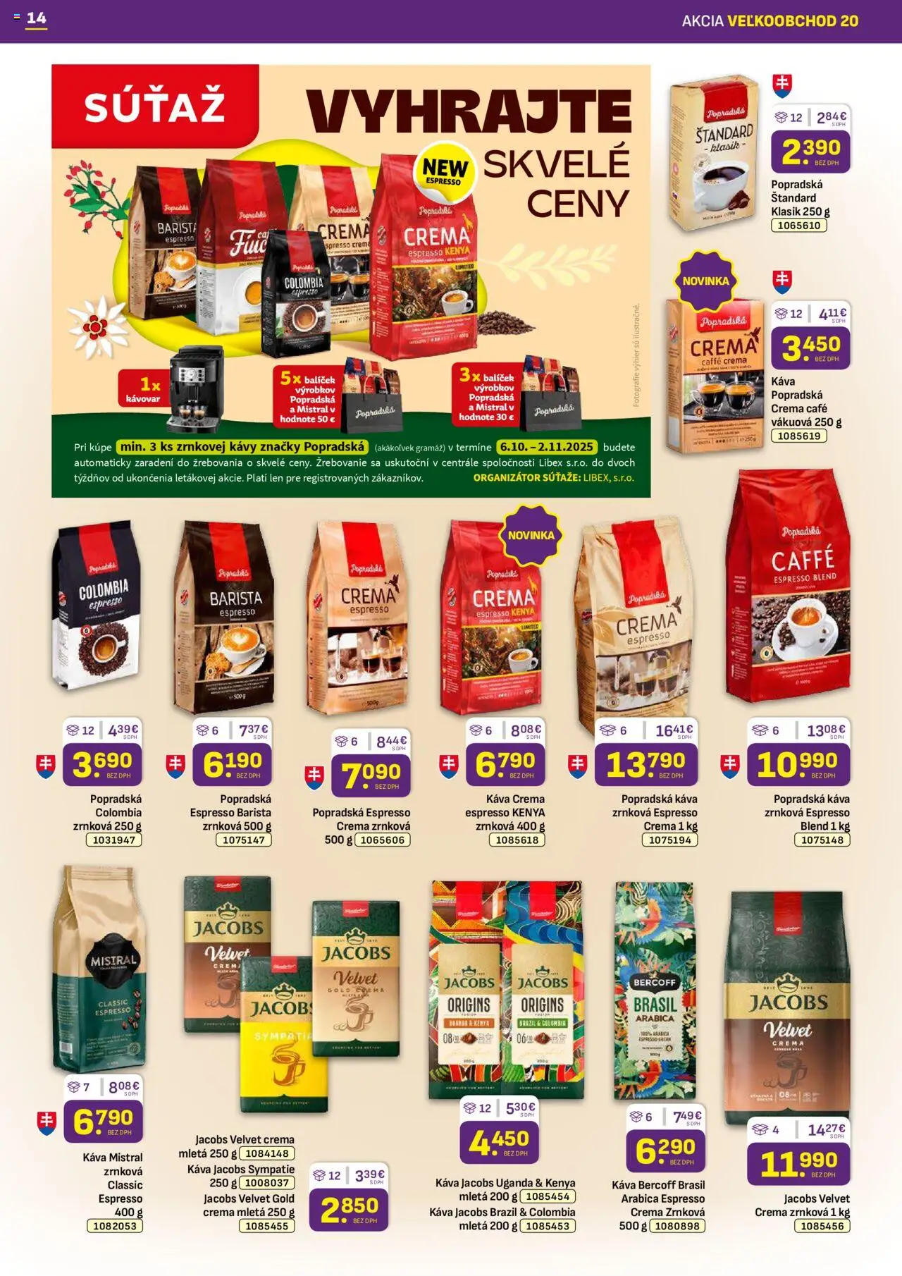 Nové Libex akcie – leták je platný od 06.10.2025 | Strana: 14 | Produkty: Kávovar, Jacobs Velvet, Káva, Popradská káva