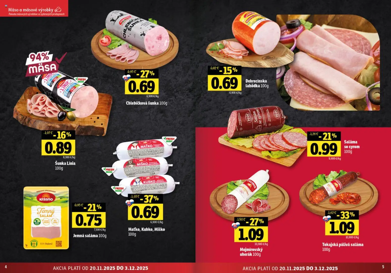 Nové Fresh akcie – leták je platný od 20.11.2025 | Strana: 3 | Produkty: Saláma, Šunka, Protein