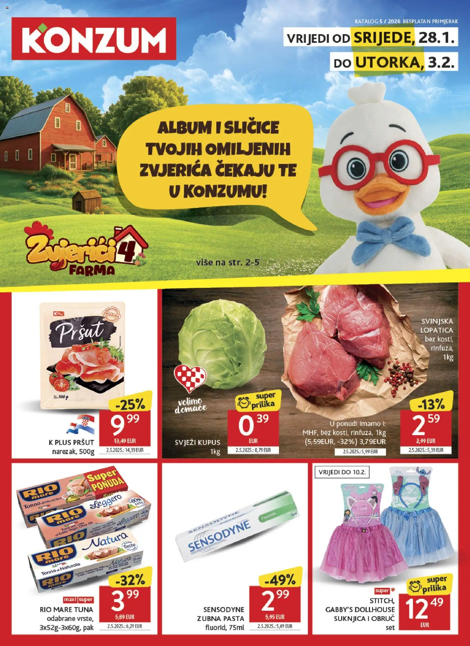 Konzum katalog | vrijedi od 28.01.2026 | Stranica: 1 | Proizvodi: Svinjska lopatica, Rio Mare, Kupus, Pasta