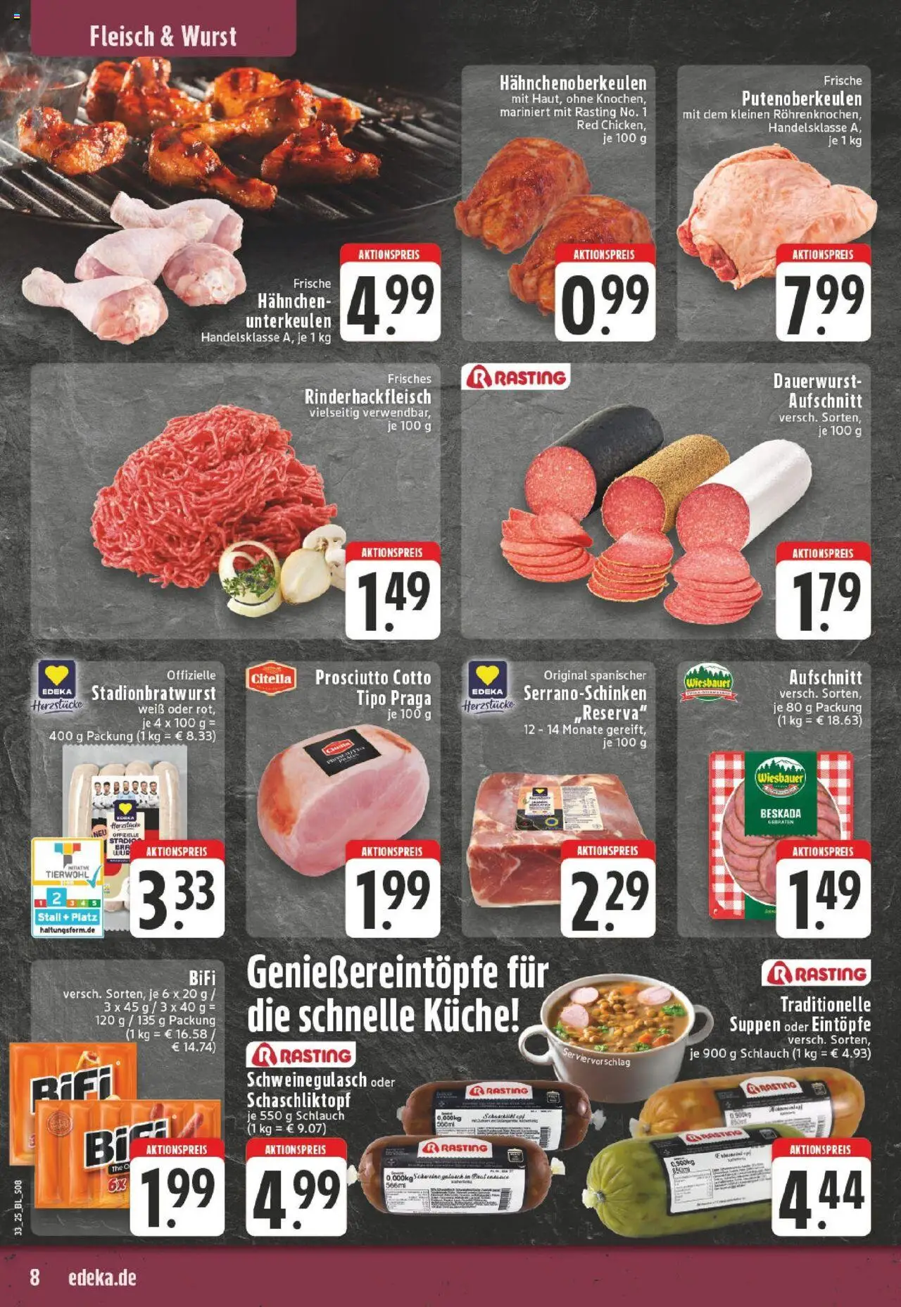 Edeka prospekt Krefeld	 - gültig ab dem 11.08.2025 | Seite: 8 | Produkte: Schweinegulasch, Hahnchen, Gulasch, Fleisch
