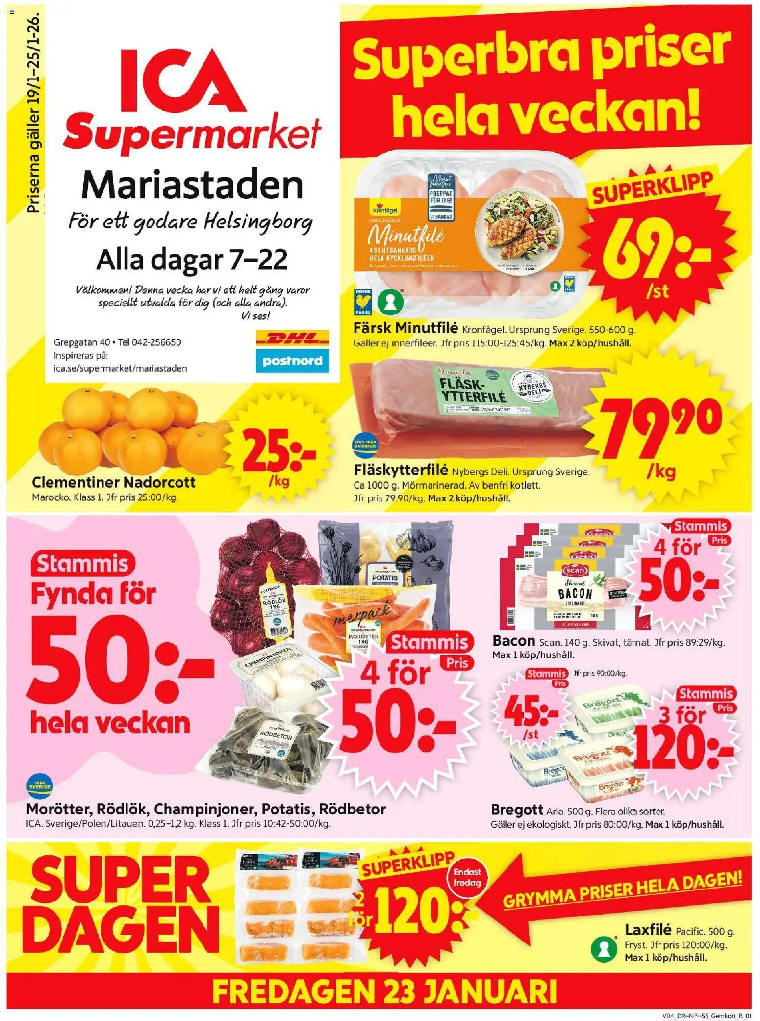 ICA Supermarket reklamblad aktuell från 19.01.2026 | Sida: 1 | Produkter: Bacon, Galler, Bregott, Fläsk