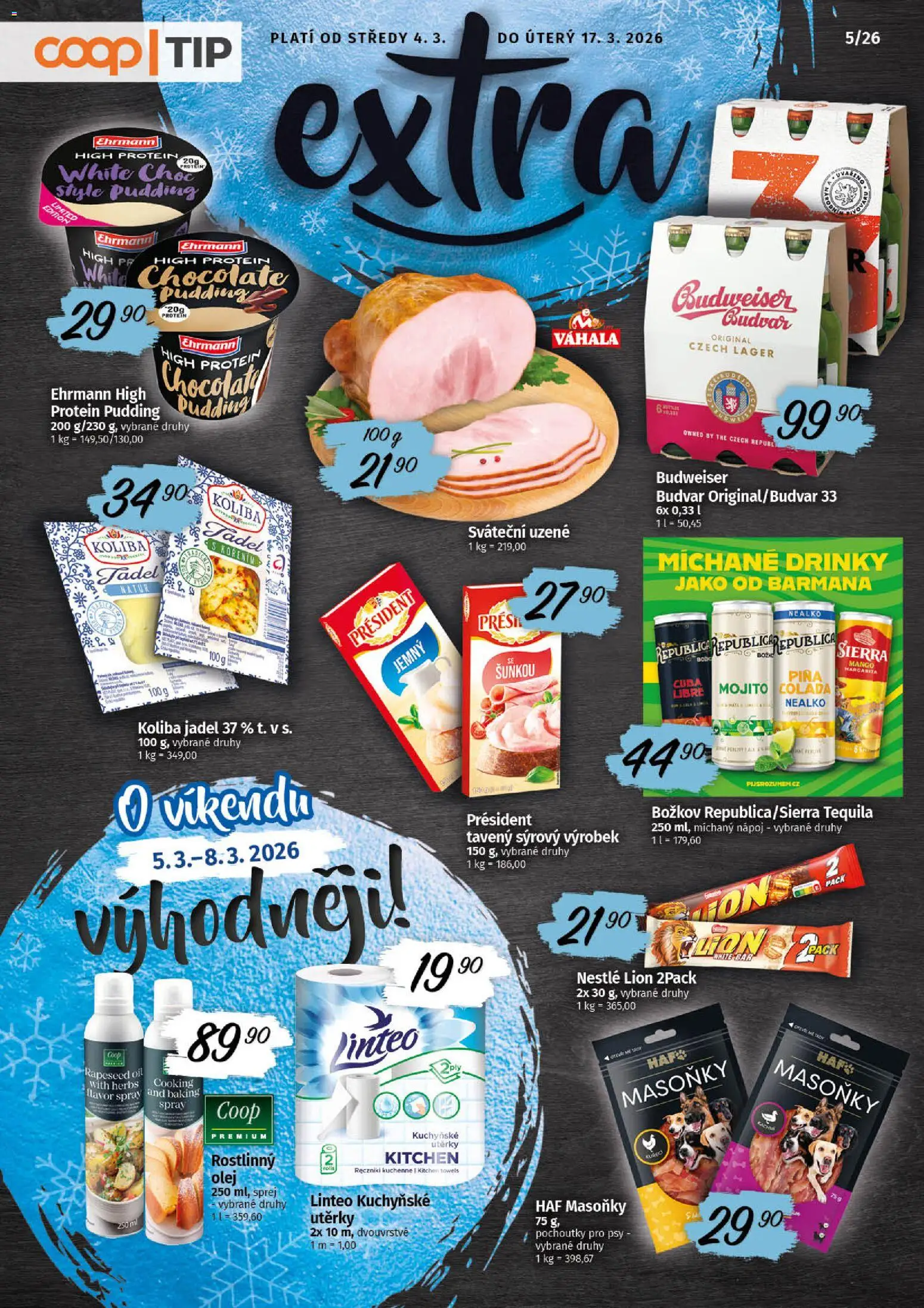 Coop leták - Tip Extra od 04.03.2026 | Strana: 1 | Produkty: Mango, Budvar, Utěrky, Protein
