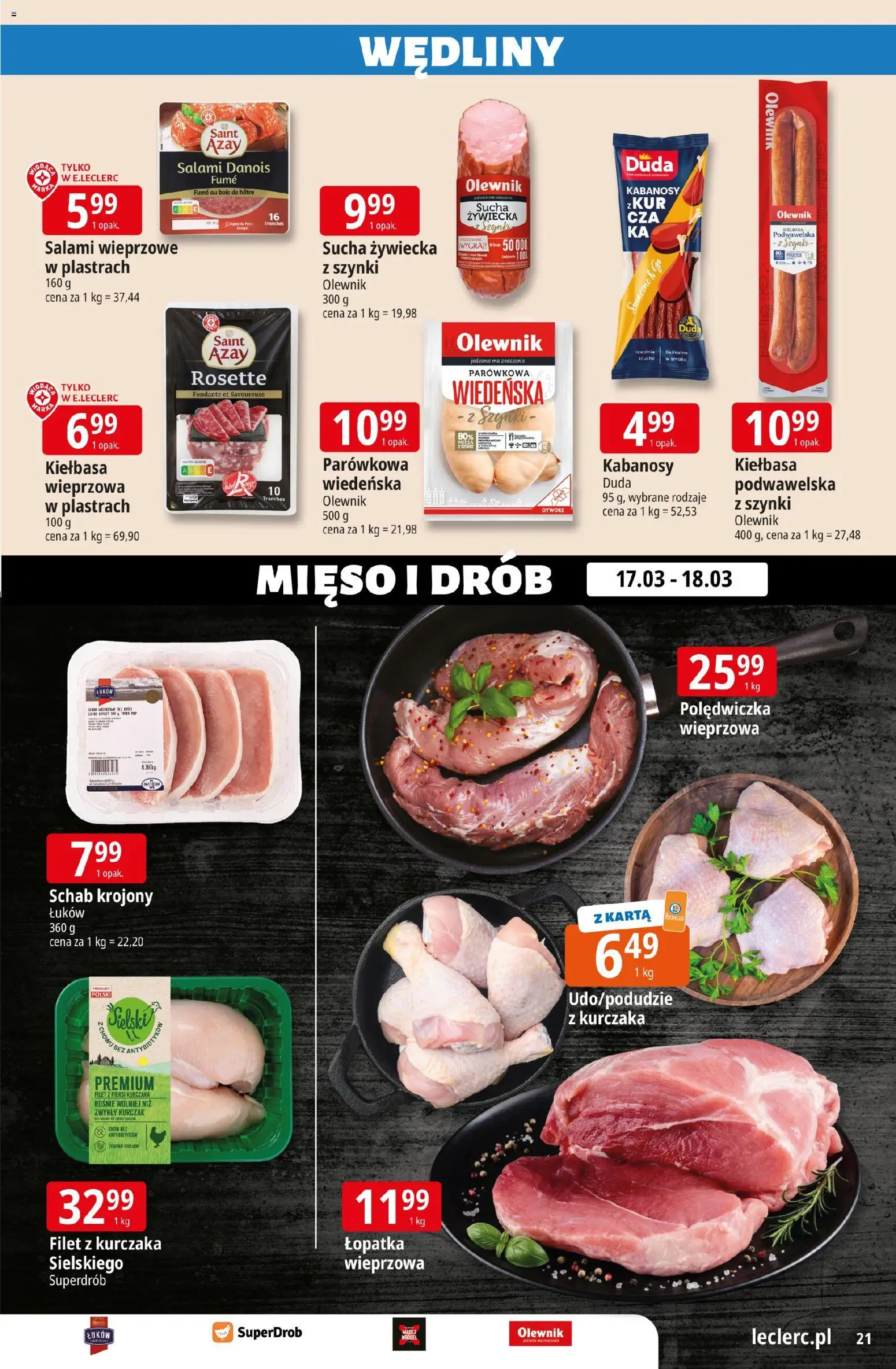 E.Leclerc gazetka - Radom od 17.03.2026 | Strona: 21 | Produkty: Kiełbasa, Mięso, Filet z kurczaka, Salami