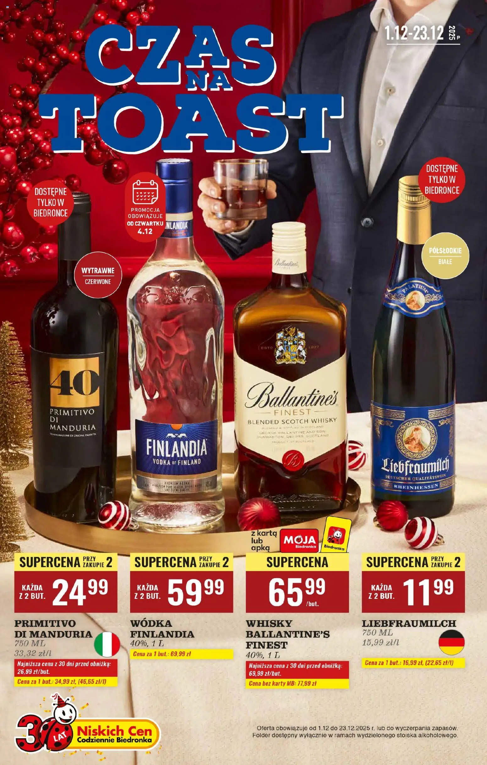 Biedronka gazetka - Czas na toast od 01.12.2025 | Strona: 1 | Produkty: Karta, Primitivo Di Manduria, Vodka, Wódka