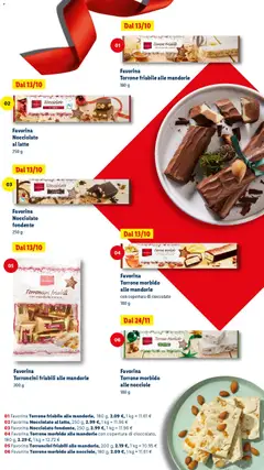 Anteprima del volantino Favorina Torrone morbido alle nocciole, Torrone morbido alle nocciole, 180 g valido a partire dal 24.10.2025 | Pagina: 53 | Prodotti: Cioccolato, Latte, Nocciole, Miele