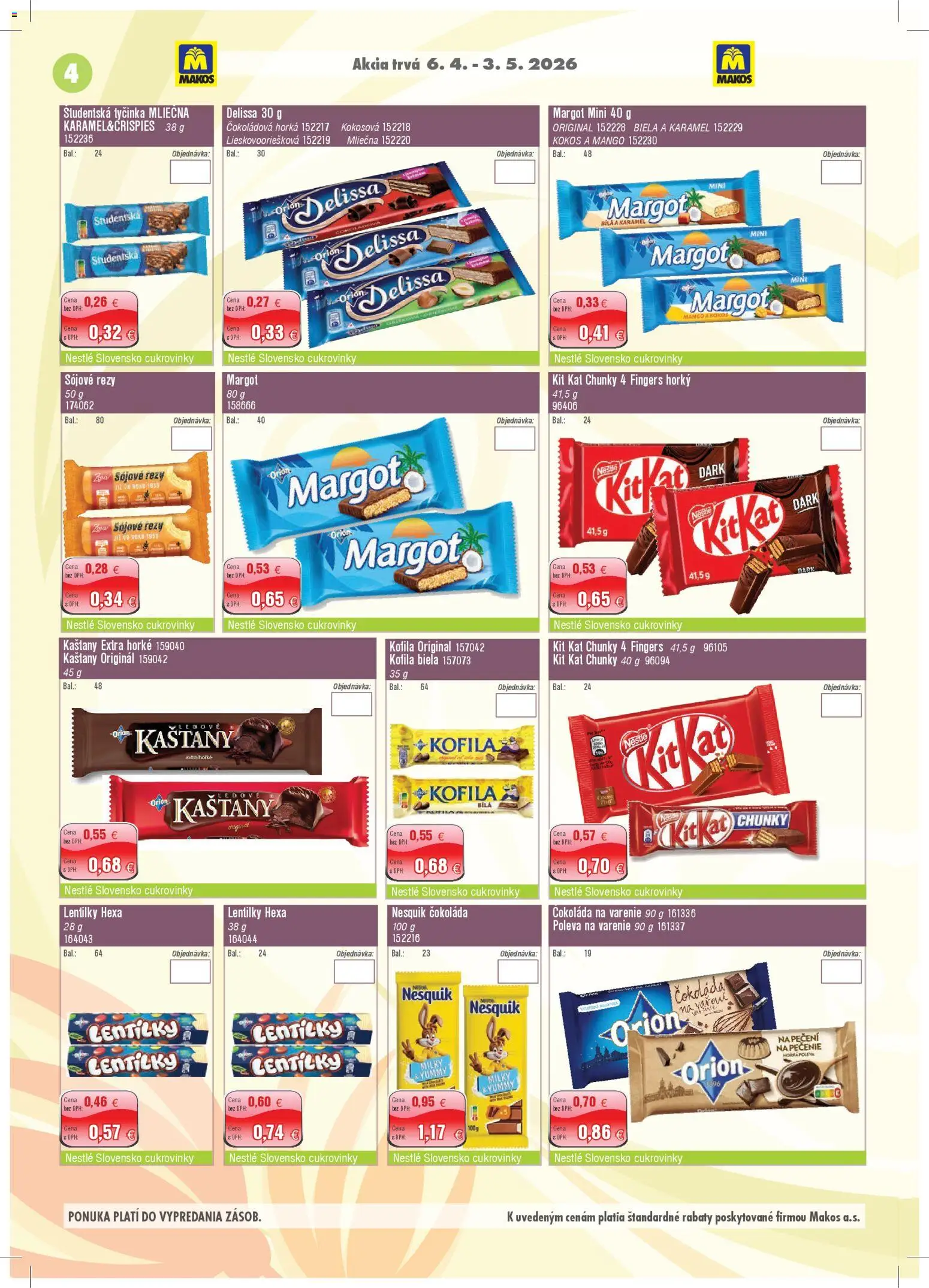 Nové Makos akcie – leták je platný od 06.04.2026 | Strana: 4 | Produkty: Čokoláda, Mango, Nesquik