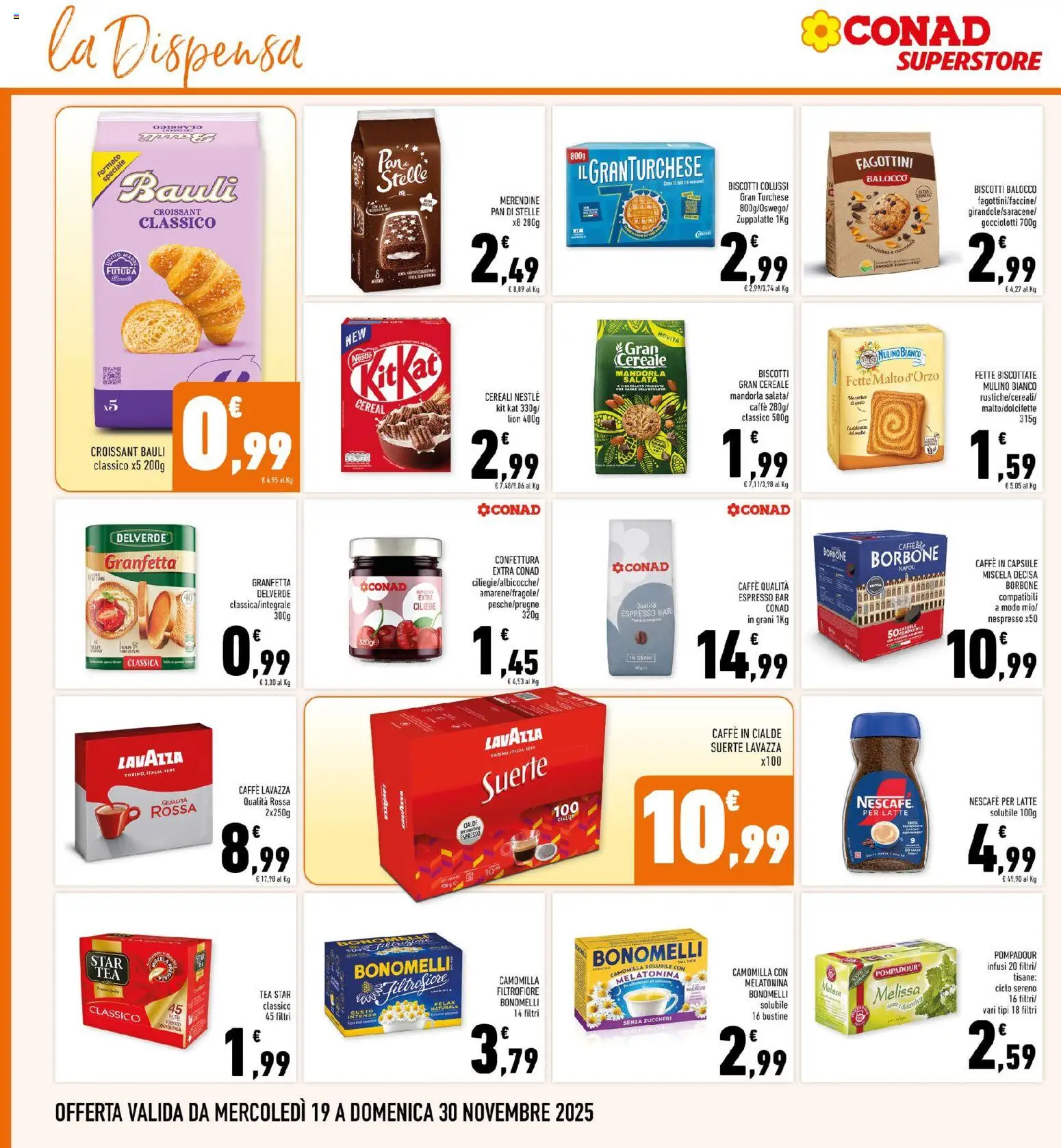 Volantino Conad del 19.11.2025 | Pagina: 18 | Prodotti: Cereali, Latte, Caffe in capsule, Lavazza