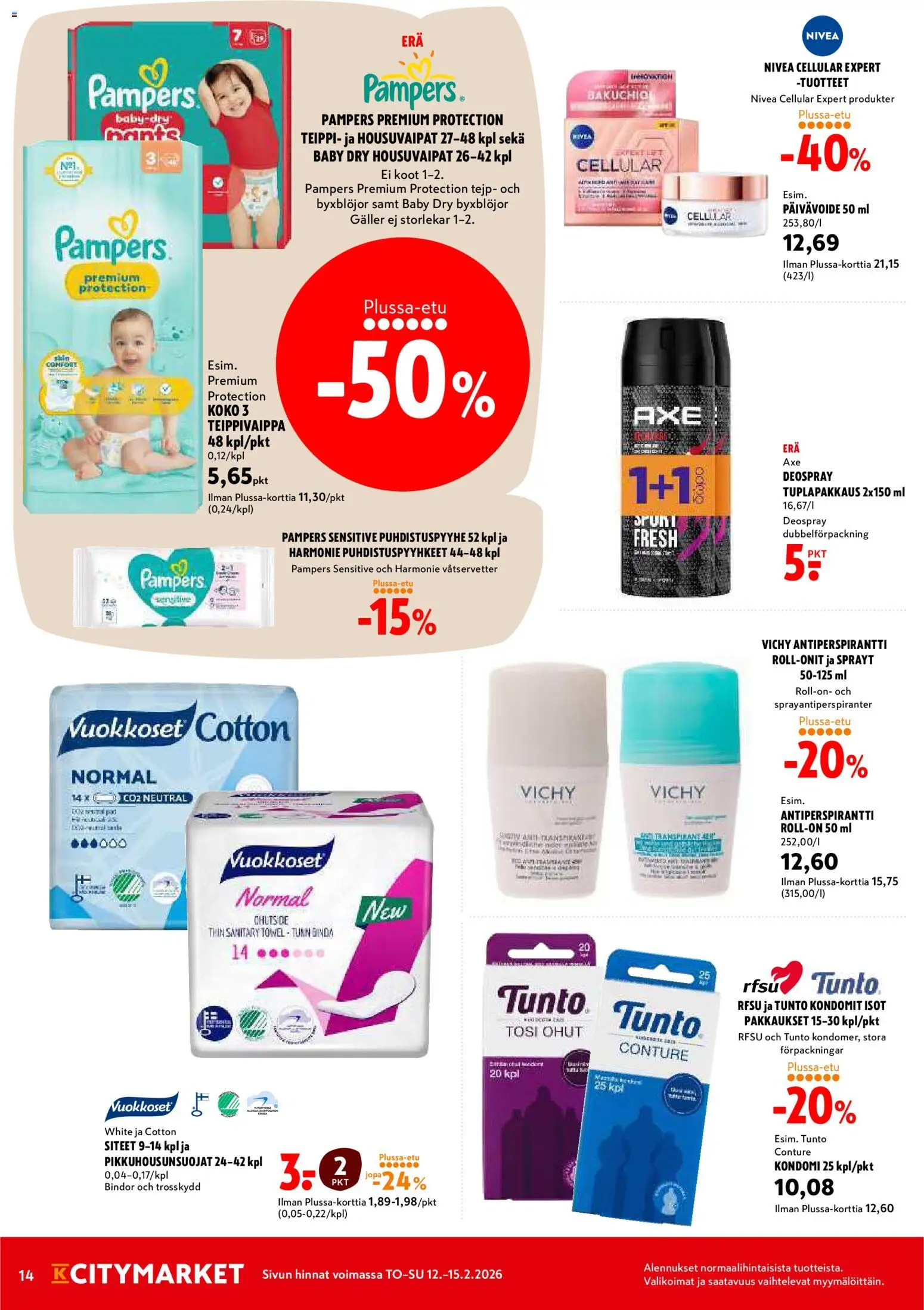 K-Citymarket tarjoukset – voimassa 12.02.2026 alkaen | Sivu: 14 | Tuotteet: Antiperspirantti, Siteet, Kondomit, Teippi