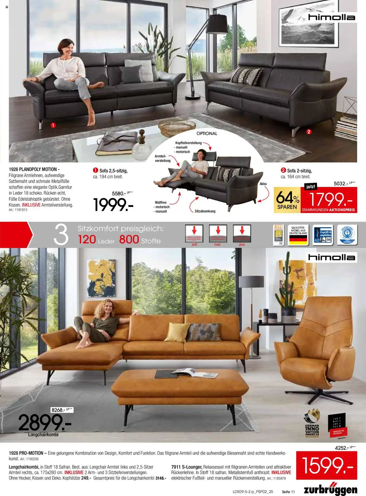 Zurbrüggen Polstermöbel-Spezial – gültig ab 20.09.2025 | Seite: 11 | Produkte: Relaxsessel, Kissen, Sofa