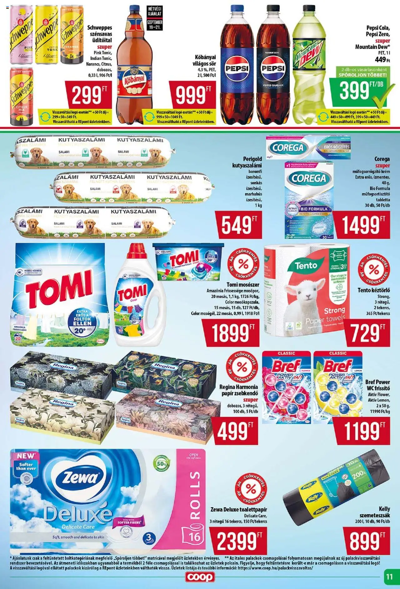 COOP akciós ujság - amely érvényes a következő dátumtól: 18.09.2025 | Oldal: 11 | Termékek: Tonic, Szalámi, Sör, Mosószer