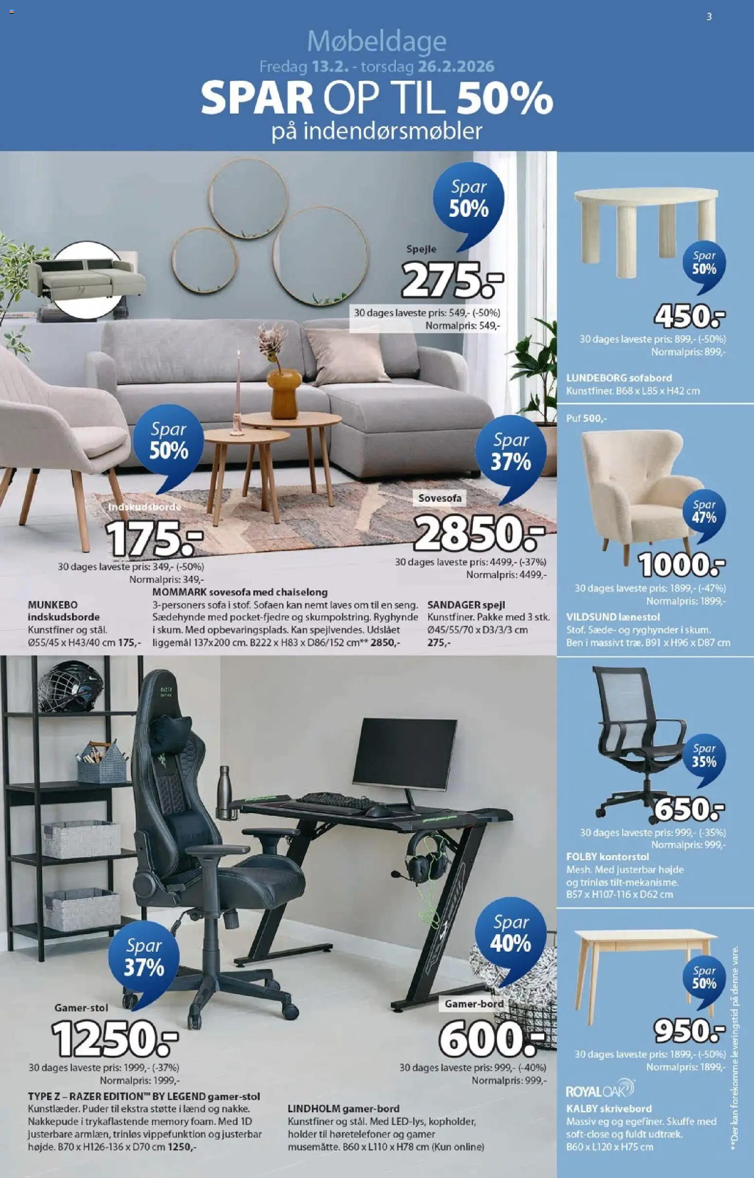 JYSK tilbudsavis – gyldig fra 13.02.2026 | Side: 3 | Produkter: Sofabord, Sofa, Kontorstol, Høretelefoner
