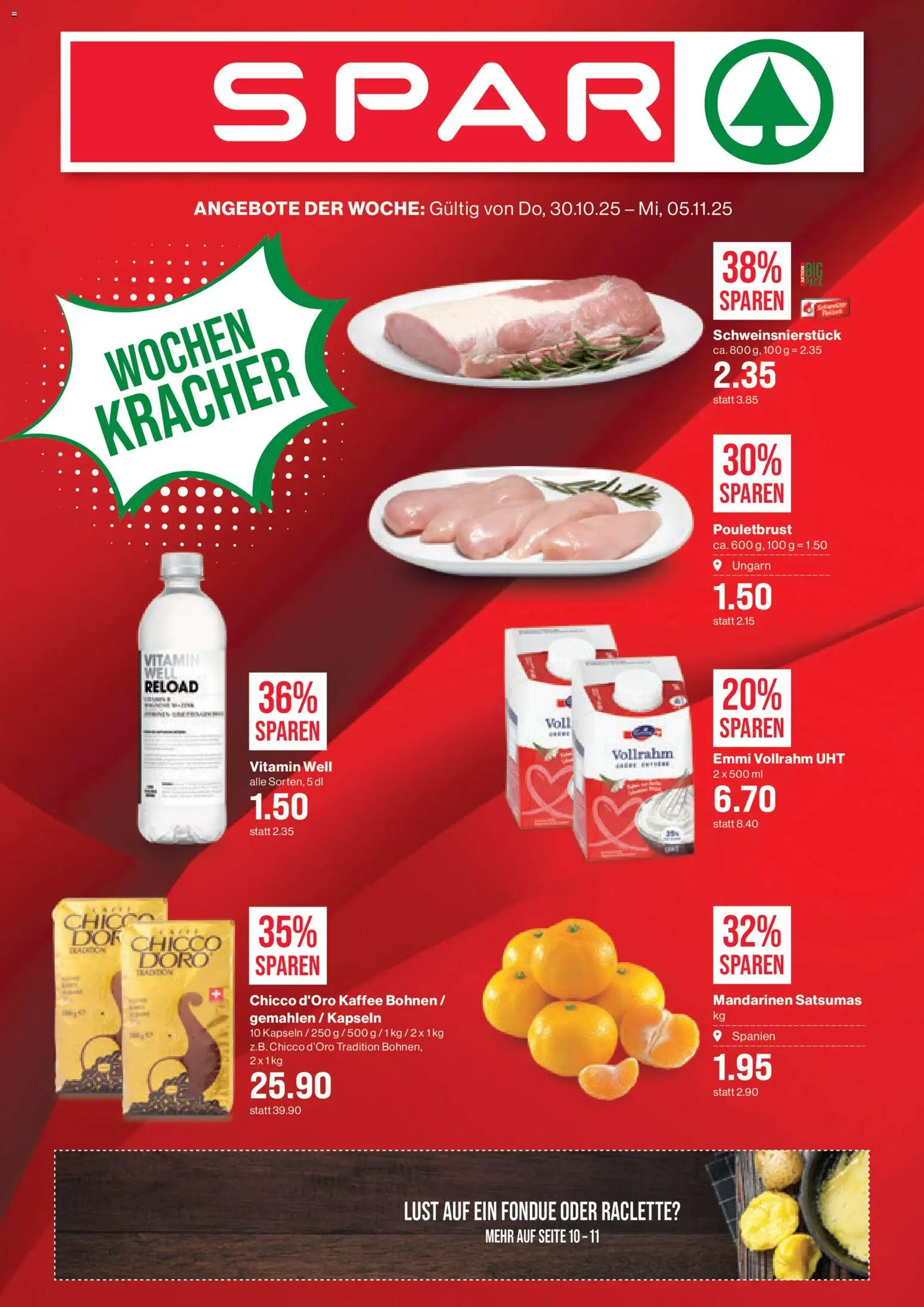 SPAR Aktionen – gültig ab 30.10.2025 | Seite: 1 | Produkte: Pouletbrust, Kaffee, Raclette, Fondue