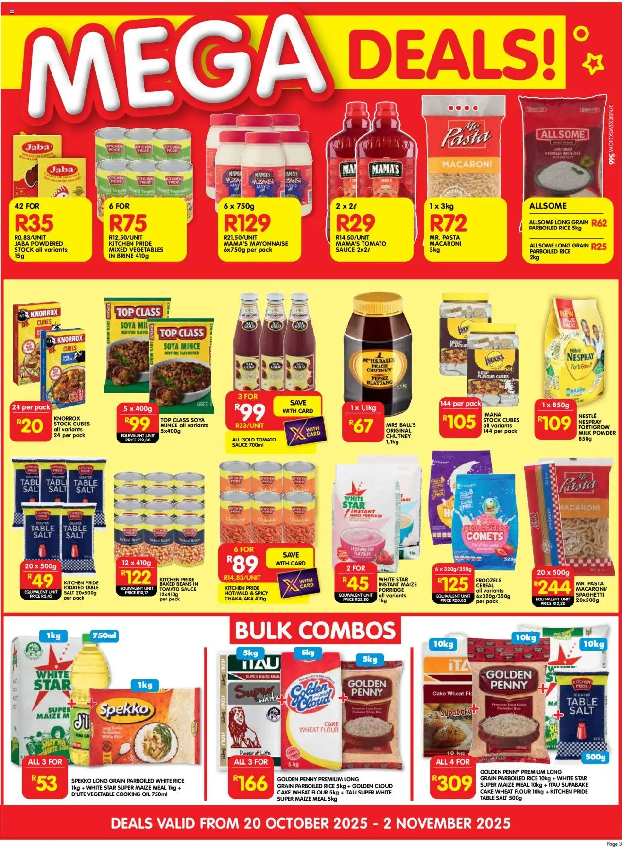 New Shoprite catalogue – valid from 20.10.2025 | Page: 3 | Products: Maize meal, Beef, Sauce, Peach