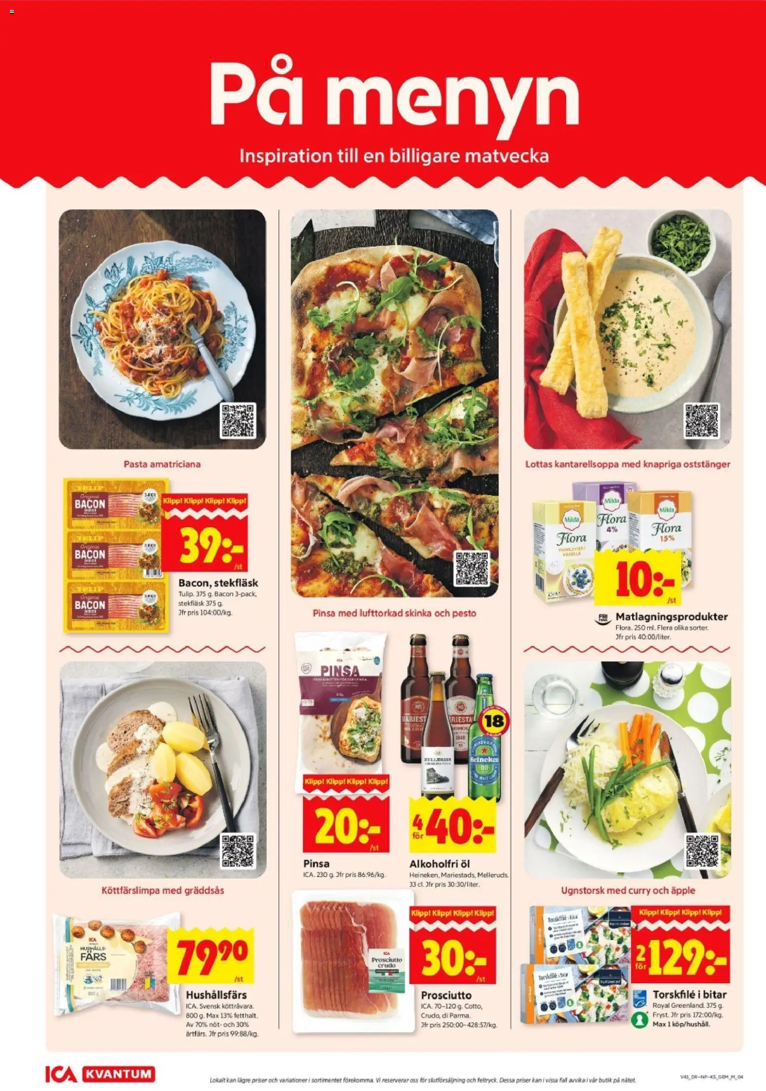 ICA Kvantum reklamblad aktuell från 03.11.2025 | Sida: 4 | Produkter: Torskfile, Bacon, Skinka, Öl