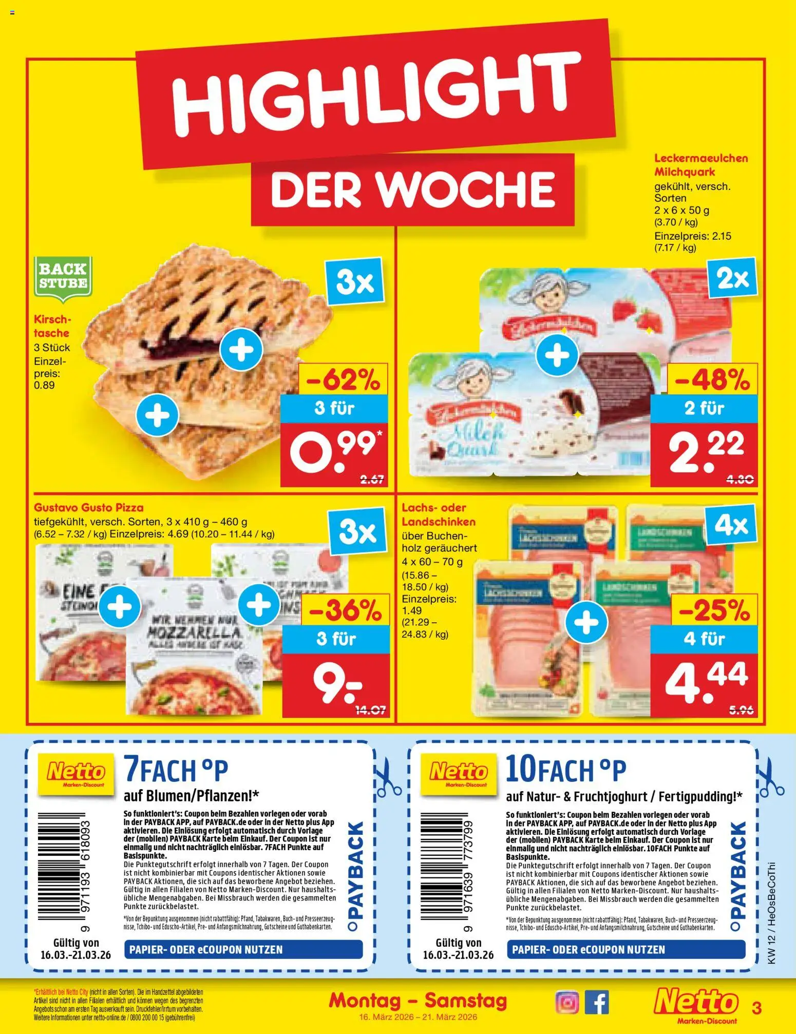 Netto Marken-Discount Prospekt 	 – gültig ab 16.03.2026 | Seite: 3 | Produkte: Gustavo gusto, Mozzarella, Fruchtjoghurt, Lachs
