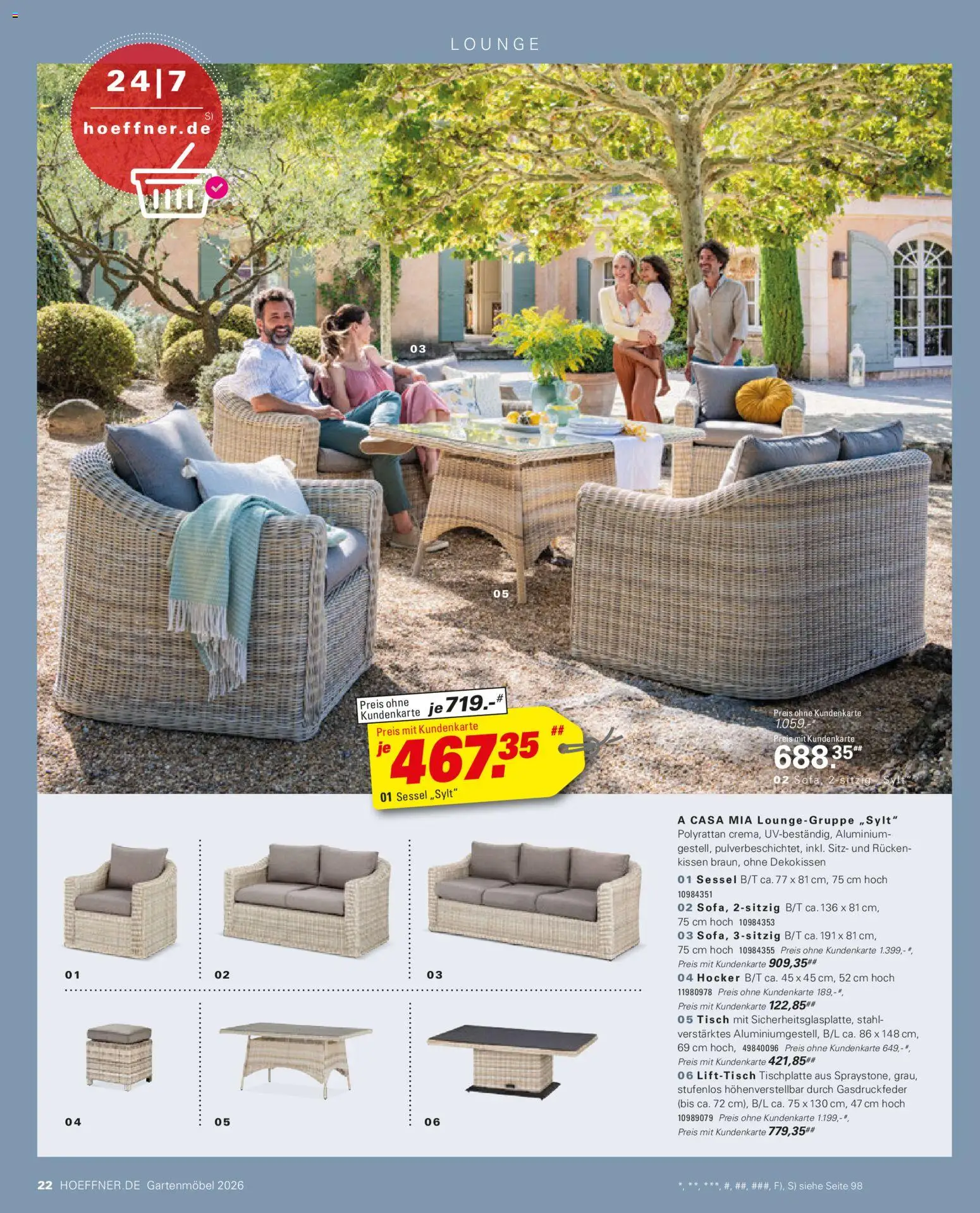 Höffner Prospekt Gartenmöbel – gültig ab 27.03.2026 | Seite: 22 | Produkte: Hocker, Kissen, Sessel, Tisch