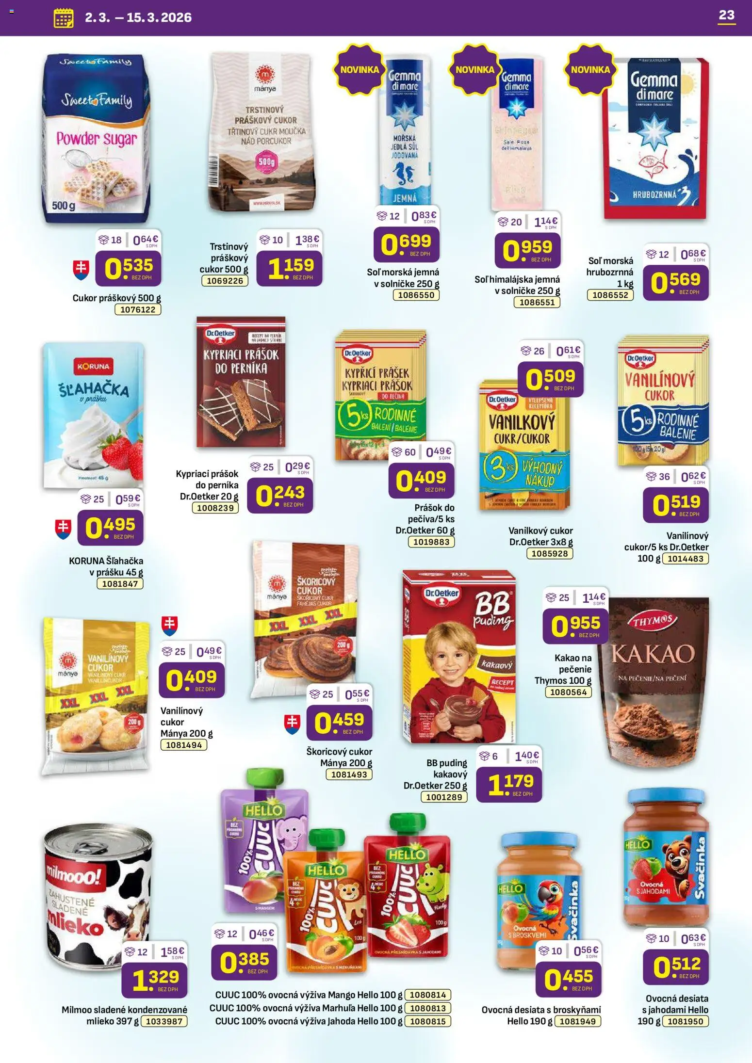 Nové Libex akcie – leták je platný od 02.03.2026 | Strana: 23 | Produkty: Vanilkový cukor, Cukor, Soľ, Šľahačka