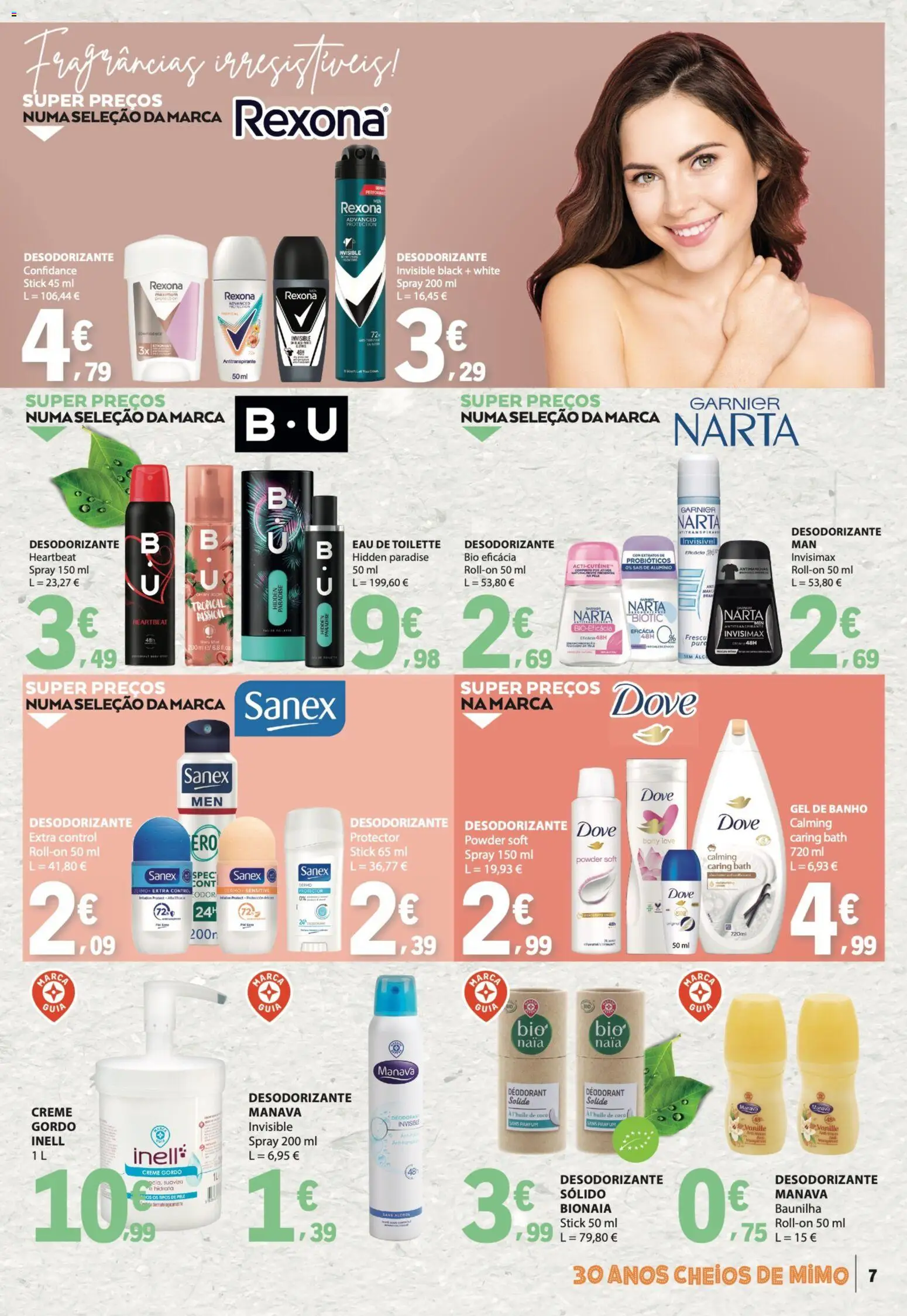 E.Leclerc folheto Especial Beleza │ válido de 07.04.2026 | Página: 7 | Produtos: Eau de toilette, Probióticos, Antitranspirante, Creme