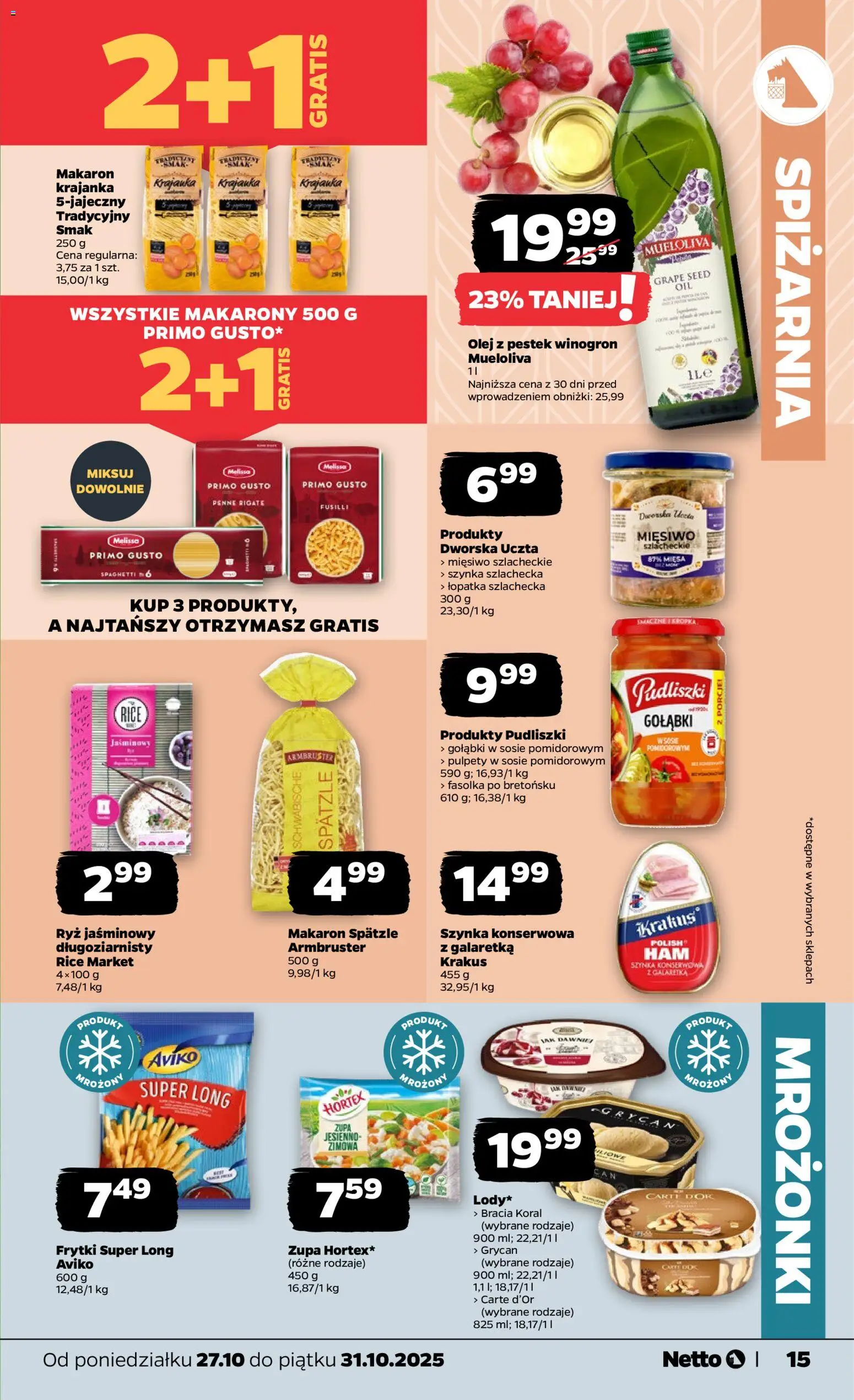 Netto gazetka - Spożywcza od 27.10.2025 | Strona: 15 | Produkty: Olej z pestek winogron, Olej, Makarony, Makaron