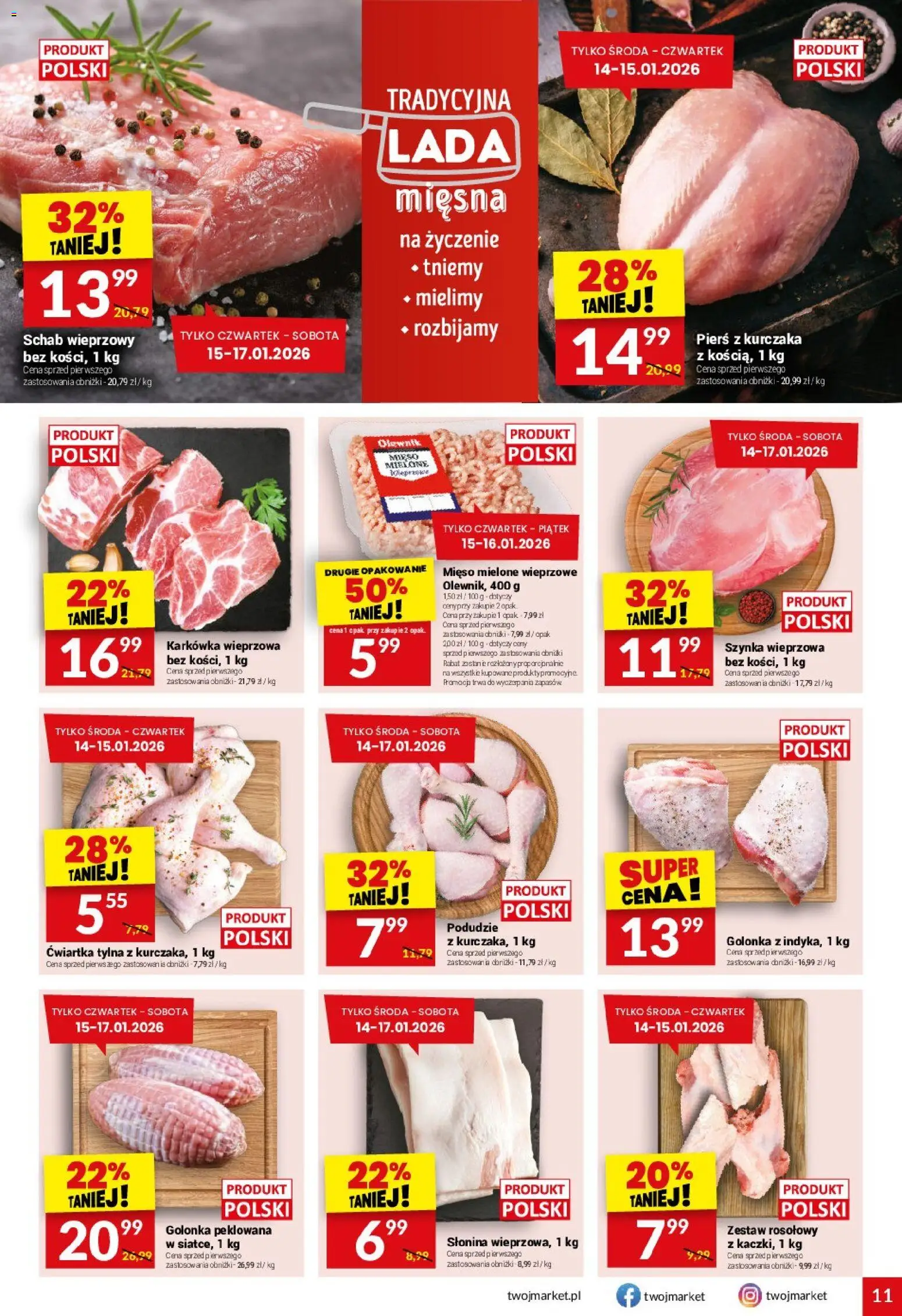 Twój Market Gazetka od 14.01.2026 | Strona: 11 | Produkty: Karkówka wieprzowa, Schab wieprzowy, Mięso mielone, Szynka
