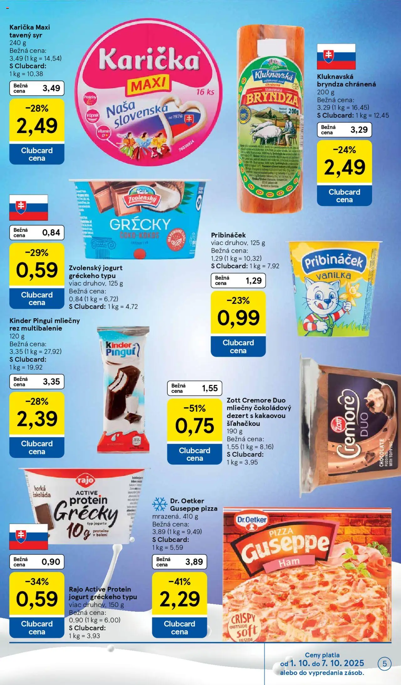 Nové Tesco akcie – leták je platný od 01.10.2025 | Strana: 5 | Produkty: Jogurt, Pizza, Protein, Bryndza