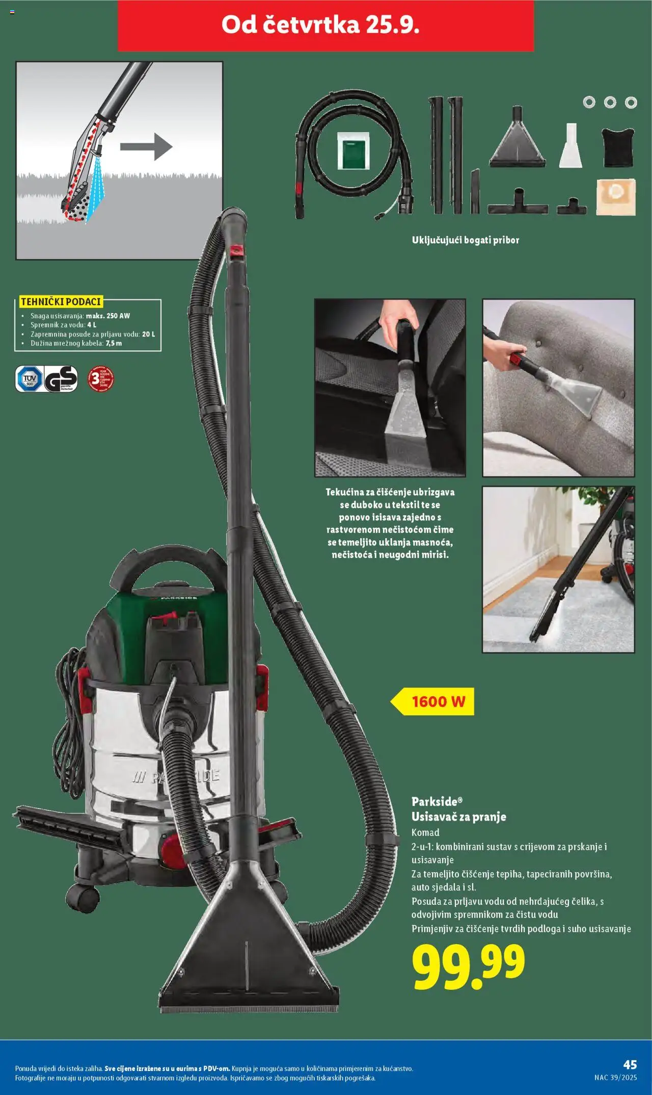 Lidl katalog | vrijedi od 22.09.2025 | Stranica: 45 | Proizvodi: Usisavač, Parkside