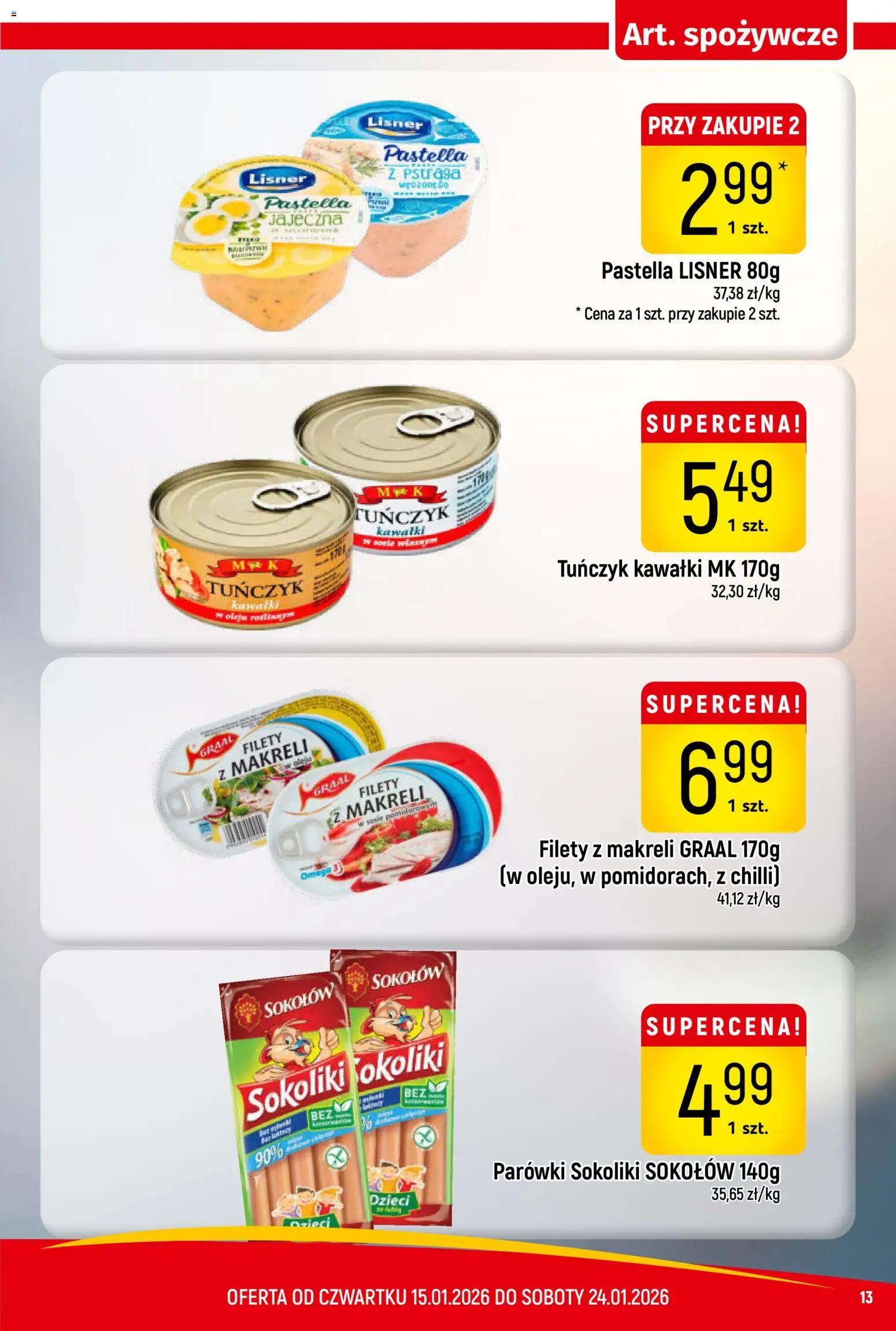 Piotruś Pan Gazetka od 15.01.2026 | Strona: 13 | Produkty: Parówki sokoliki, Parówki, Tuńczyk