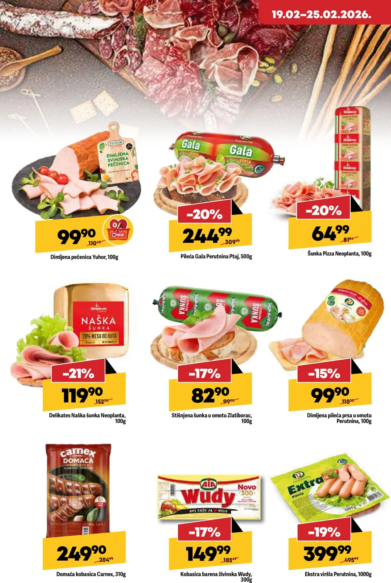 Maxi katalog - važi od 19.02.2026 | Strana: 12 | Proizvode: Pileća prsa, Dimljena pileća prsa, Kobasica, Pečenica